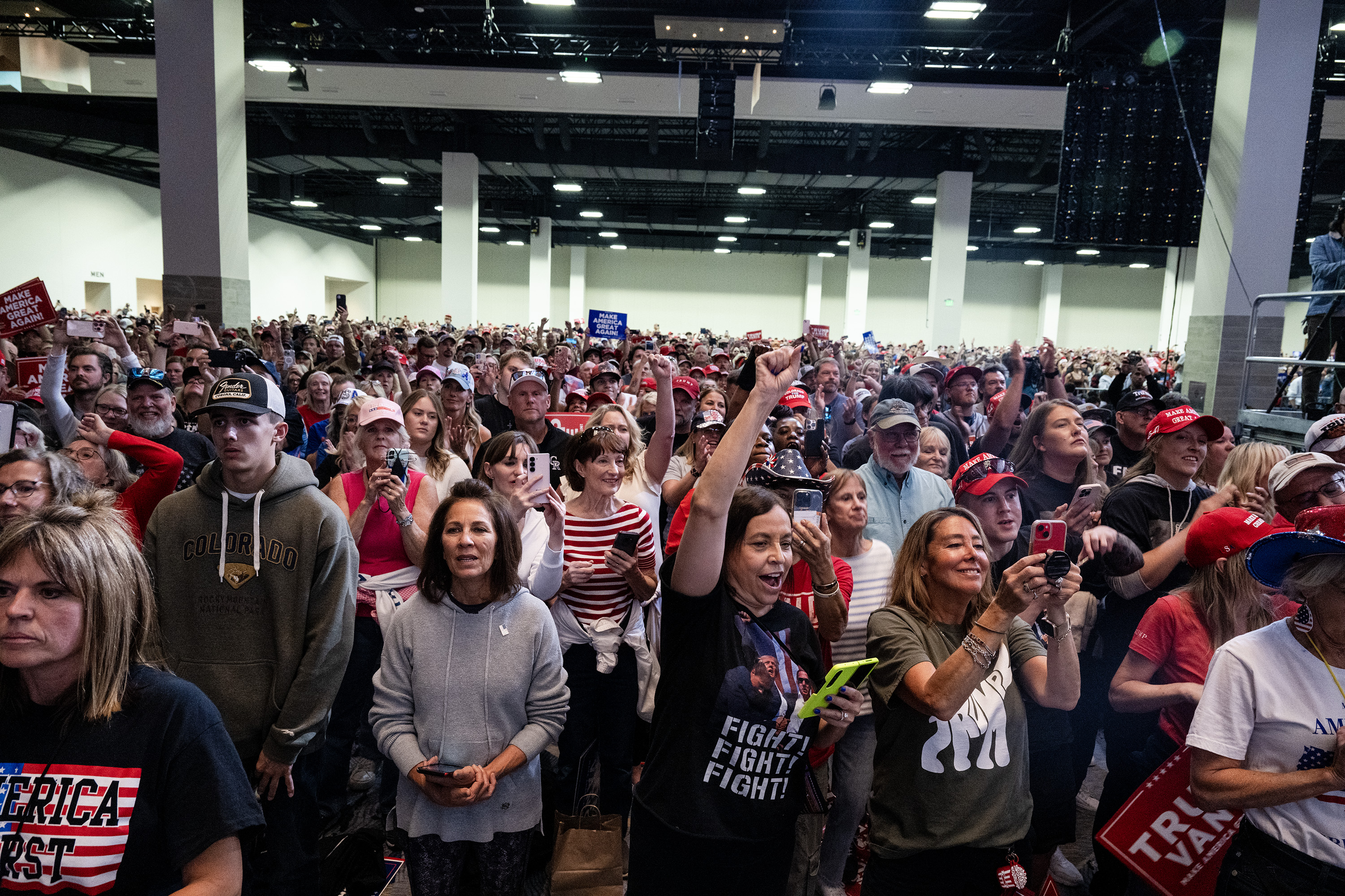 People cheer as Republican presidential nominee former President Donald Trump enters his campaign rally at the Gaylord Rockies Resort and Convention Center, Friday, Oct. 11, 2024, in Aurora, Colo. (Parker Seibold, The Gazette) (Parker Seibold, The Gazette)