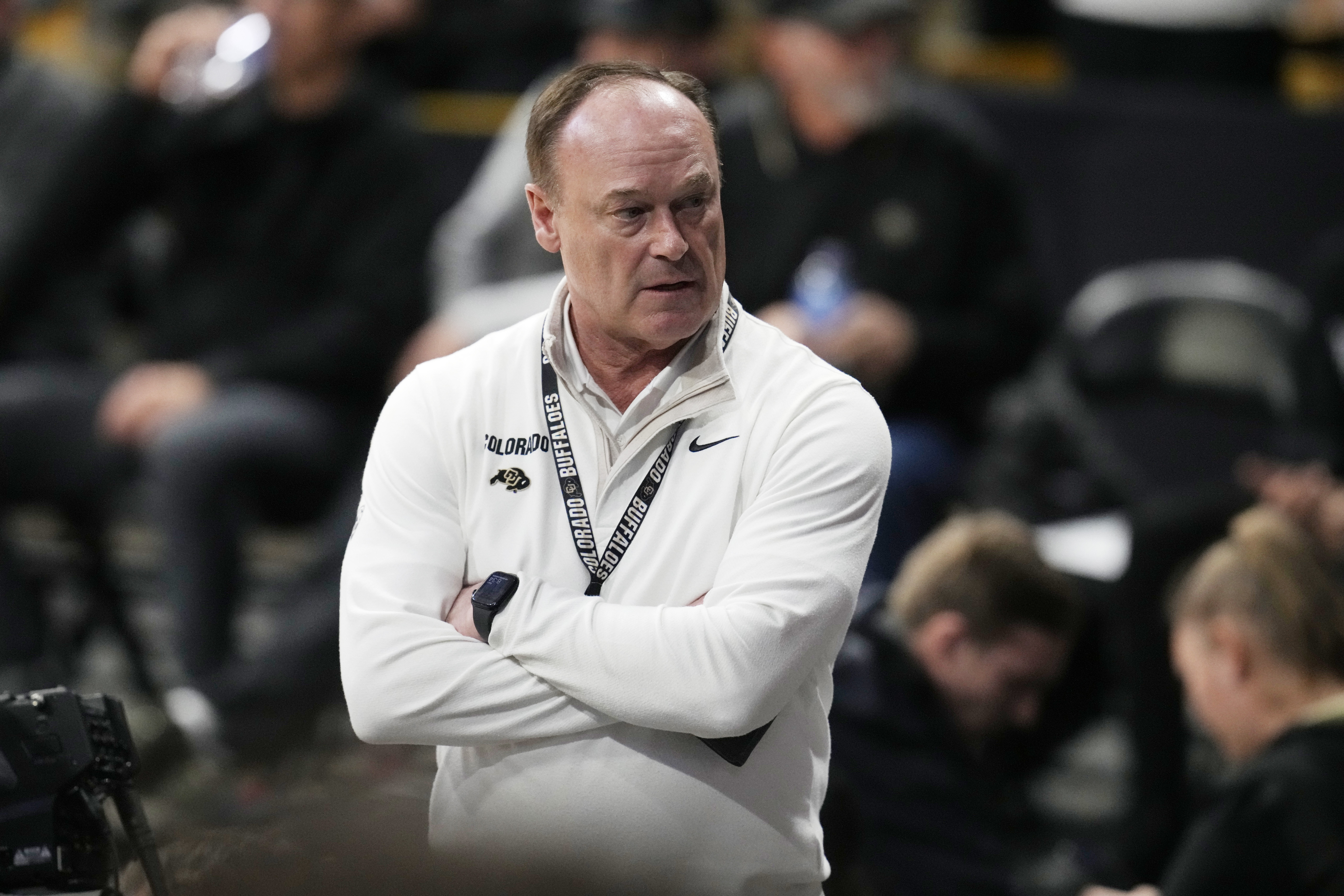 Colorado athletic director Rick George in the second half of an NCAA college basketball game Thursday, Dec. 1, 2022, in Boulder, Colo. (AP Photo/David Zalubowski) (David Zalubowski)