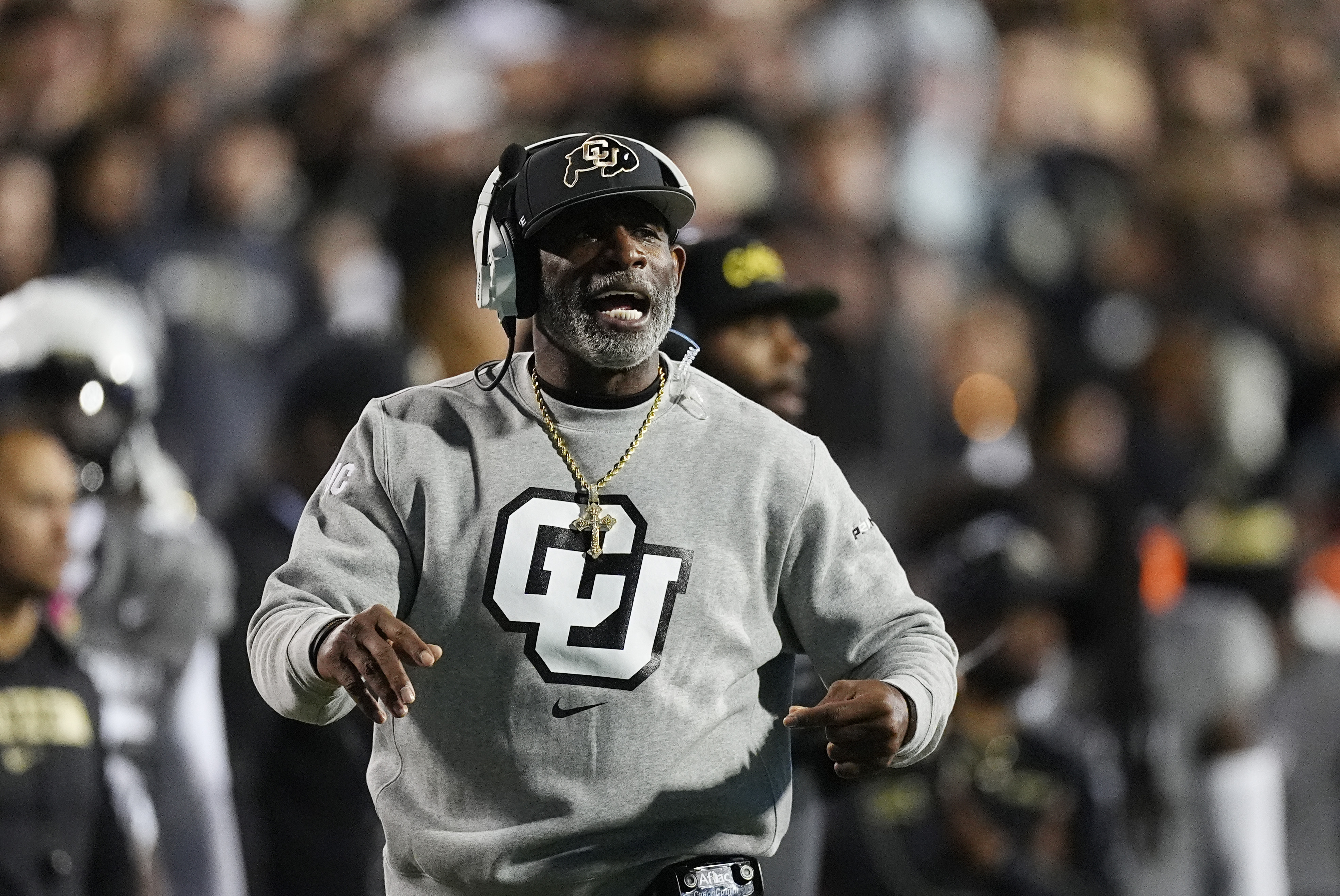 Colorado head coach Deion Sanders directs his team against Cincinnati in the first half of an NCAA college football game Saturday, Oct. 26, 2024, in Boulder, Colo. (AP Photo/David Zalubowski) (David Zalubowski)