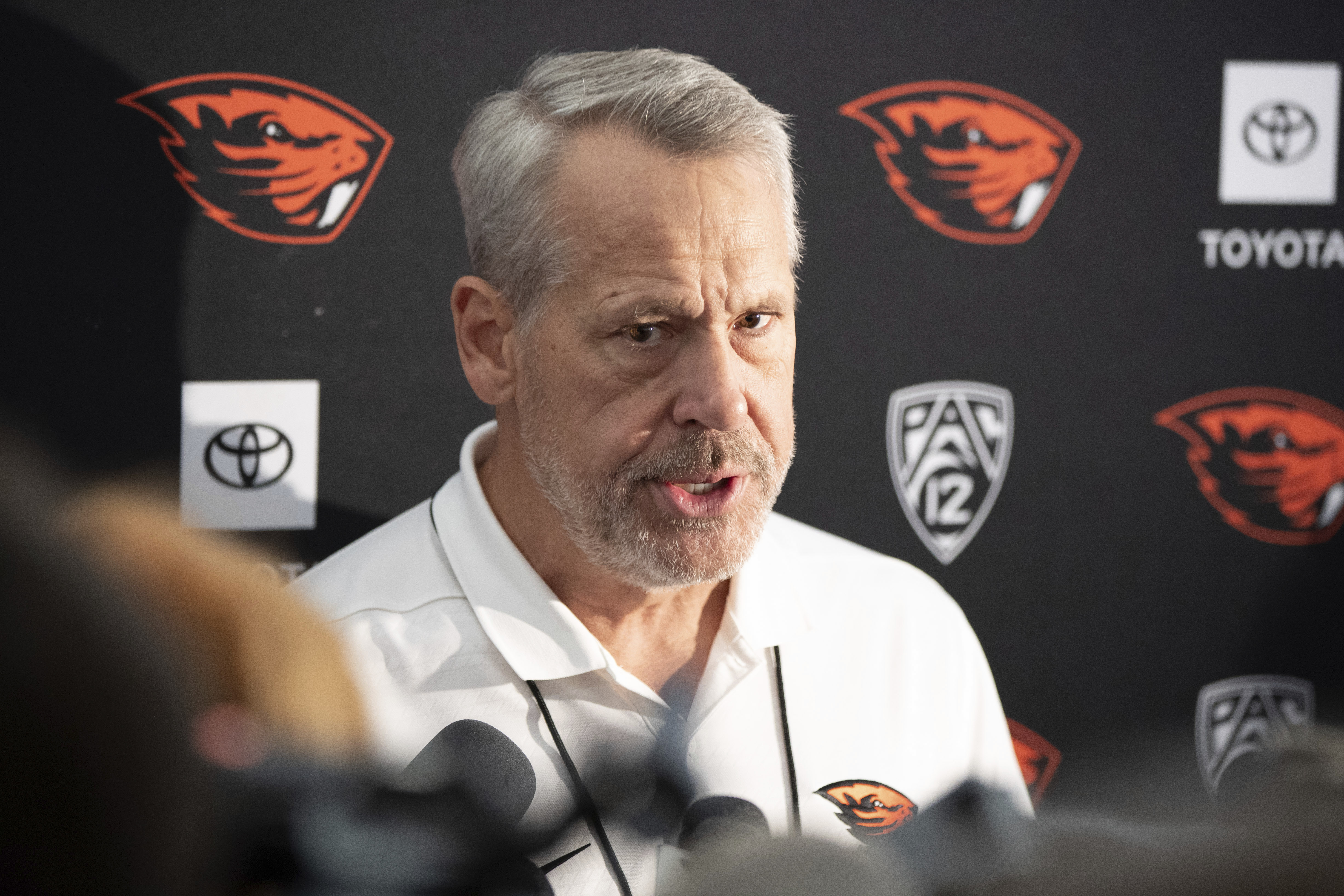Oregon State athletic director Scott Barnes talks with press before an NCAA football game against Oregon, Saturday, Sept. 14, 2024, in Corvallis, Ore. Oregon won 49-14. (AP Photo/Amanda Loman) (Amanda Loman)