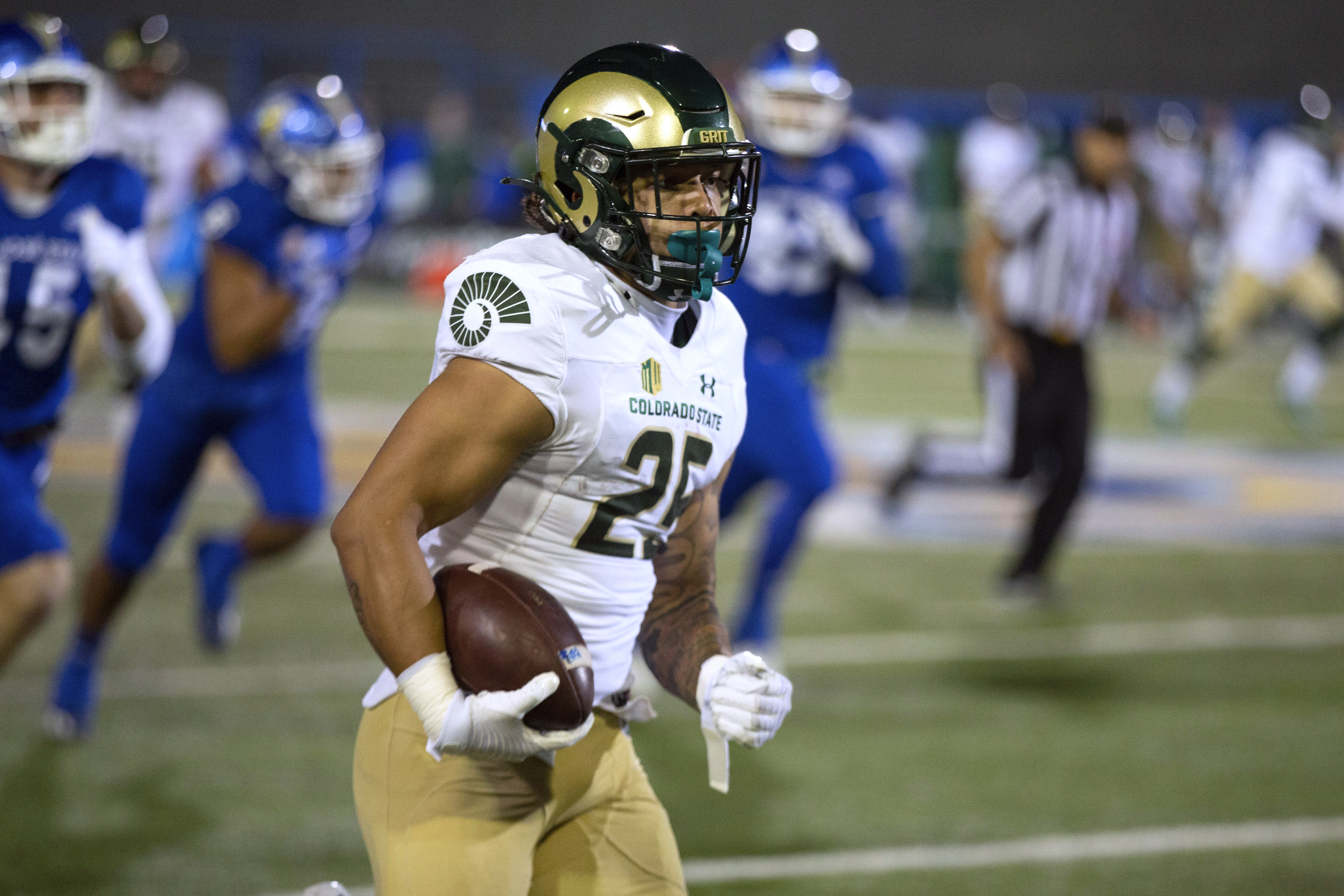 Colorado State running back Avery Morrow (25) runs 56 yards for a touchdown against San Jose State during the first quarter of an NCAA college football game, Saturday, Nov. 5, 2022, in San Jose, Calif. (AP Photo/D. Ross Cameron) (D. Ross Cameron)