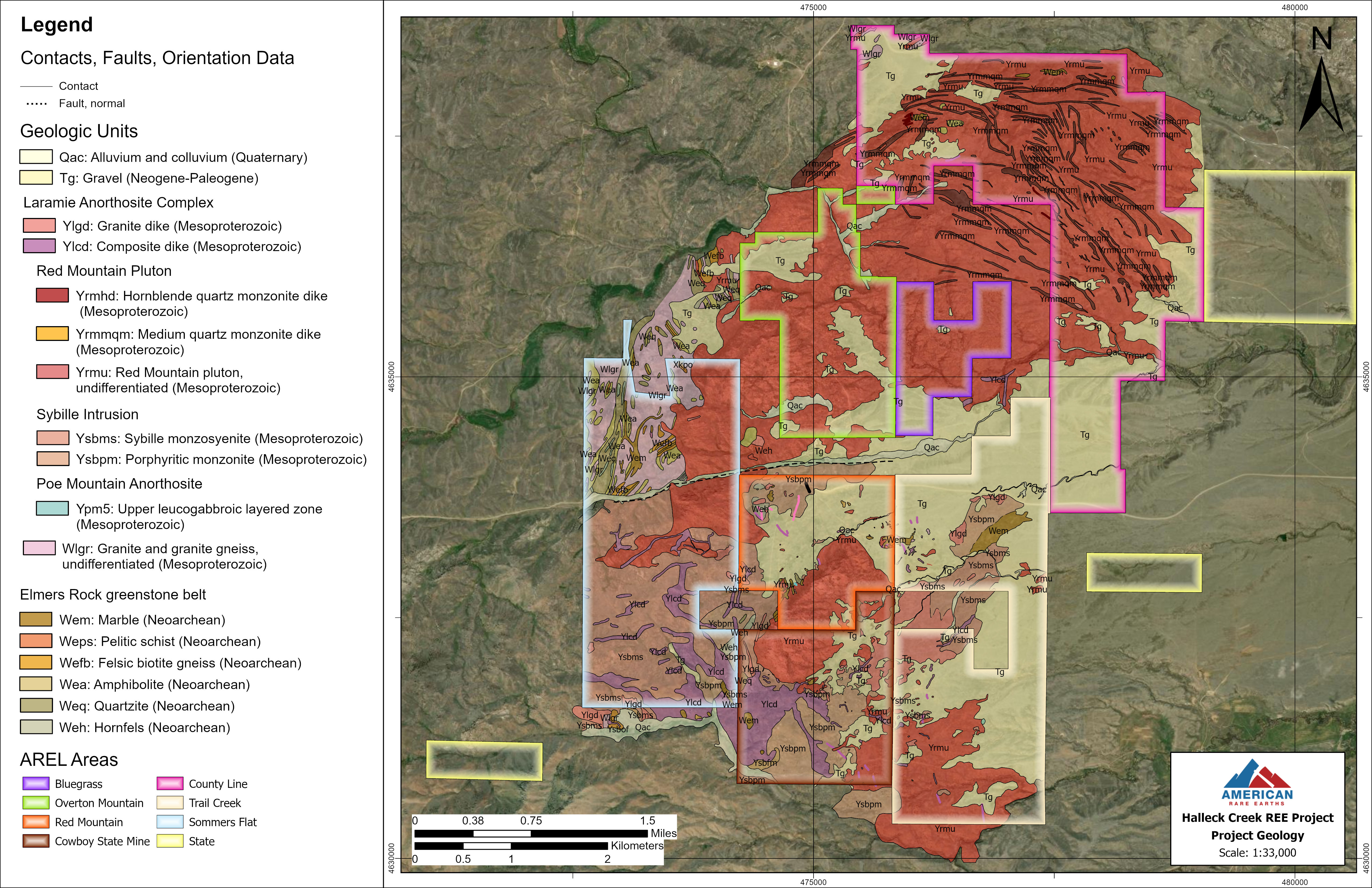 Geological map of the Wyoming Rare Inc. Halleck Creek and Red Mountain rare earth elements. (Courtesy Wyoming Rare Inc.)