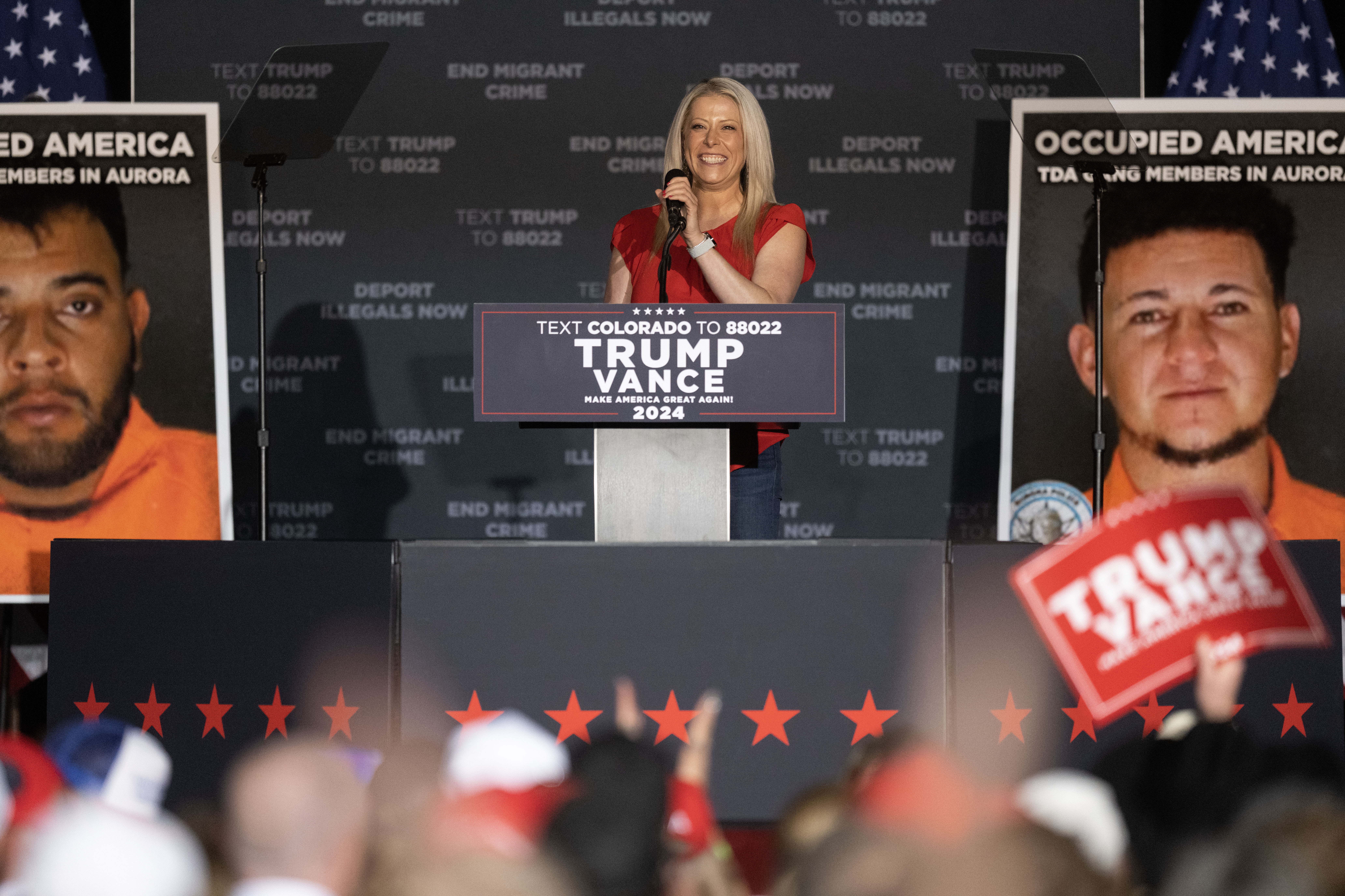 Aurora Councilmember Danielle Jurinsky addresses the crowd during a trump rally at the Gaylord Rockies Resort and Convention Center in Aurora on Friday, Oct. 11, 2024. (Stephen Swofford, Denver Gazette) (Stephen Swofford Denver Gazette)