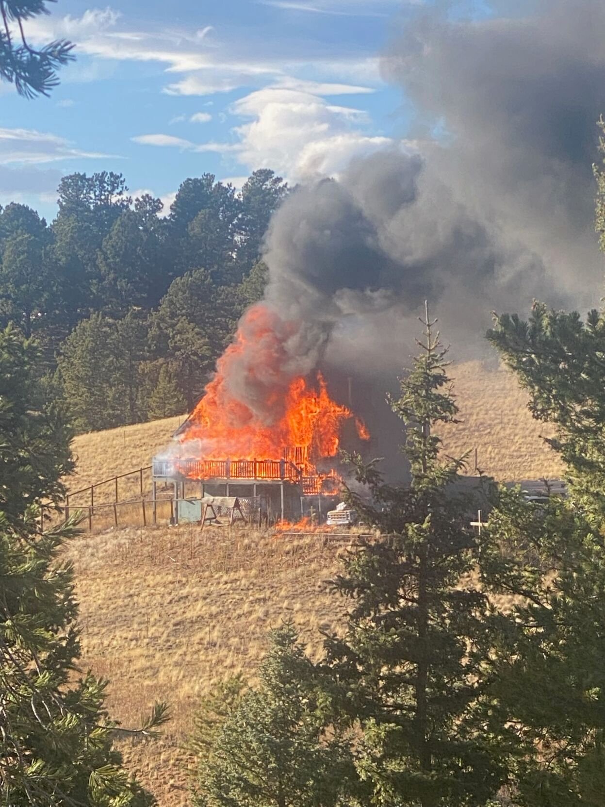 One home was destroyed, presumably where the fire originated, on Monday northwest of Divide, according to the Teller County Sheriff’s Office. The address was not being released by the Sheriff’s Office because the cause of the fire was being investigated and criminal charges likely, Teller County Sheriff Jason Mikesell said. (Courtesy photo)