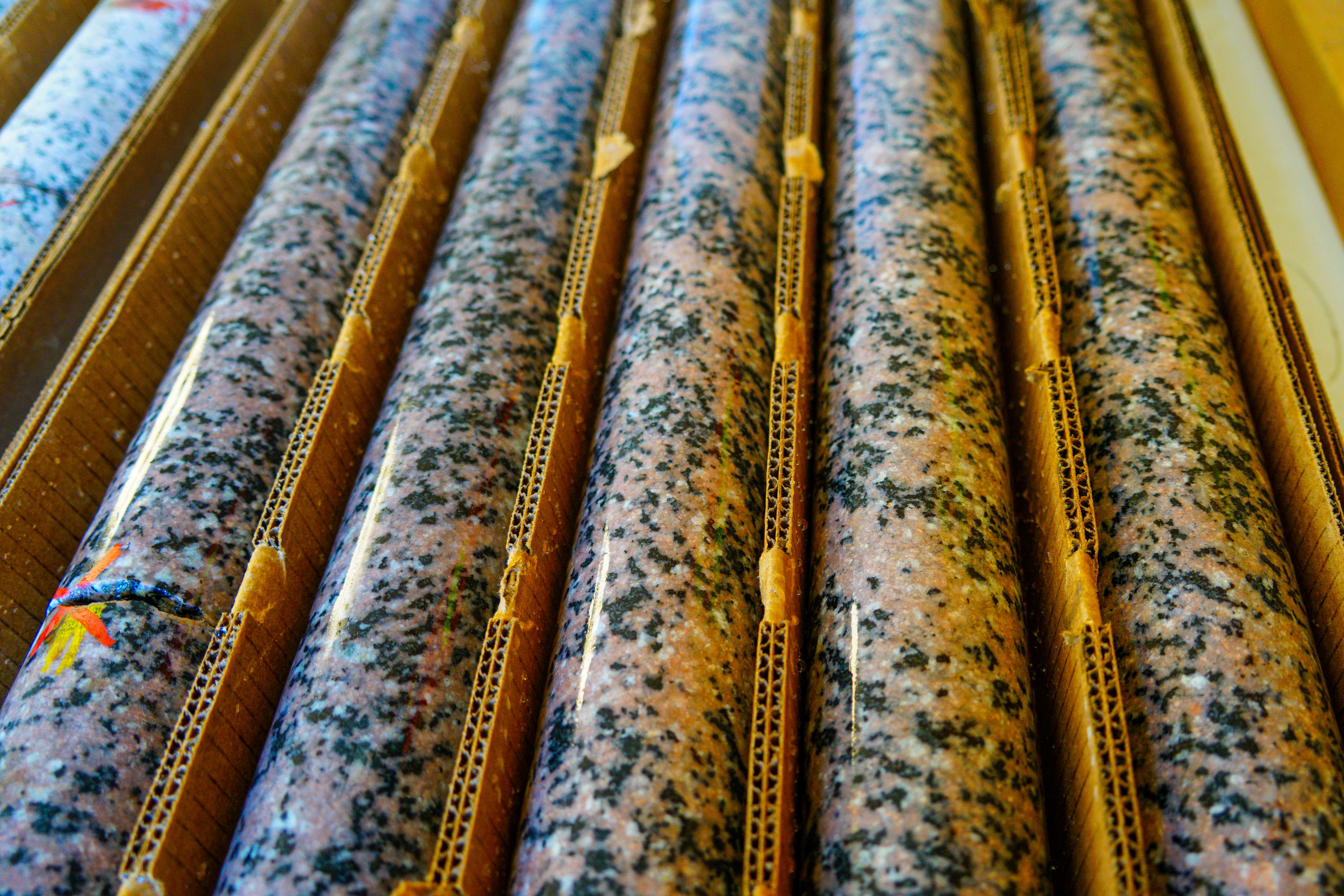 Core samples from the Cowboy State Mine. Rare earth elements are found in proximity to the black crystalline specks in the granite. (Courtesy of Wyoming Rare Inc.)