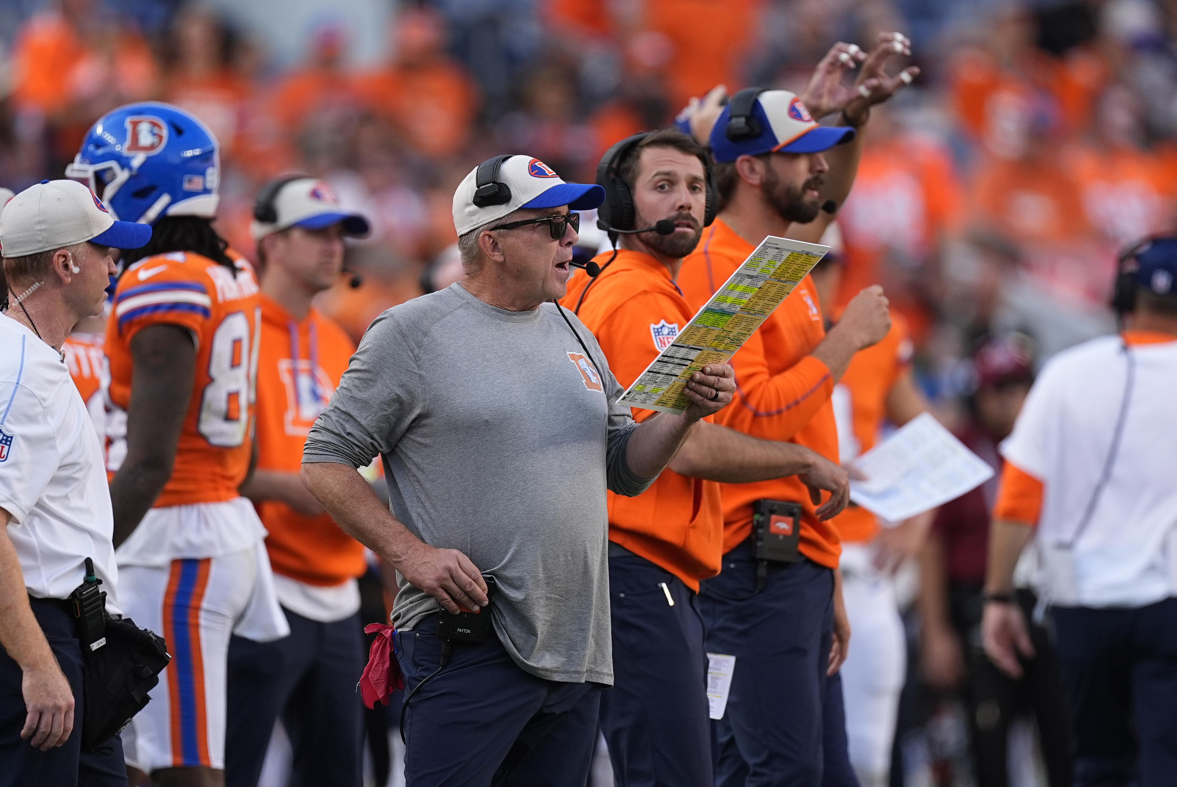 Denver Broncos head coach Sean Payton directs his team against the Las Vegas Raiders in the second half of an NFL football game Sunday, Oct. 6, 2024, in Denver. (AP Photo/David Zalubowski) (David Zalubowski)