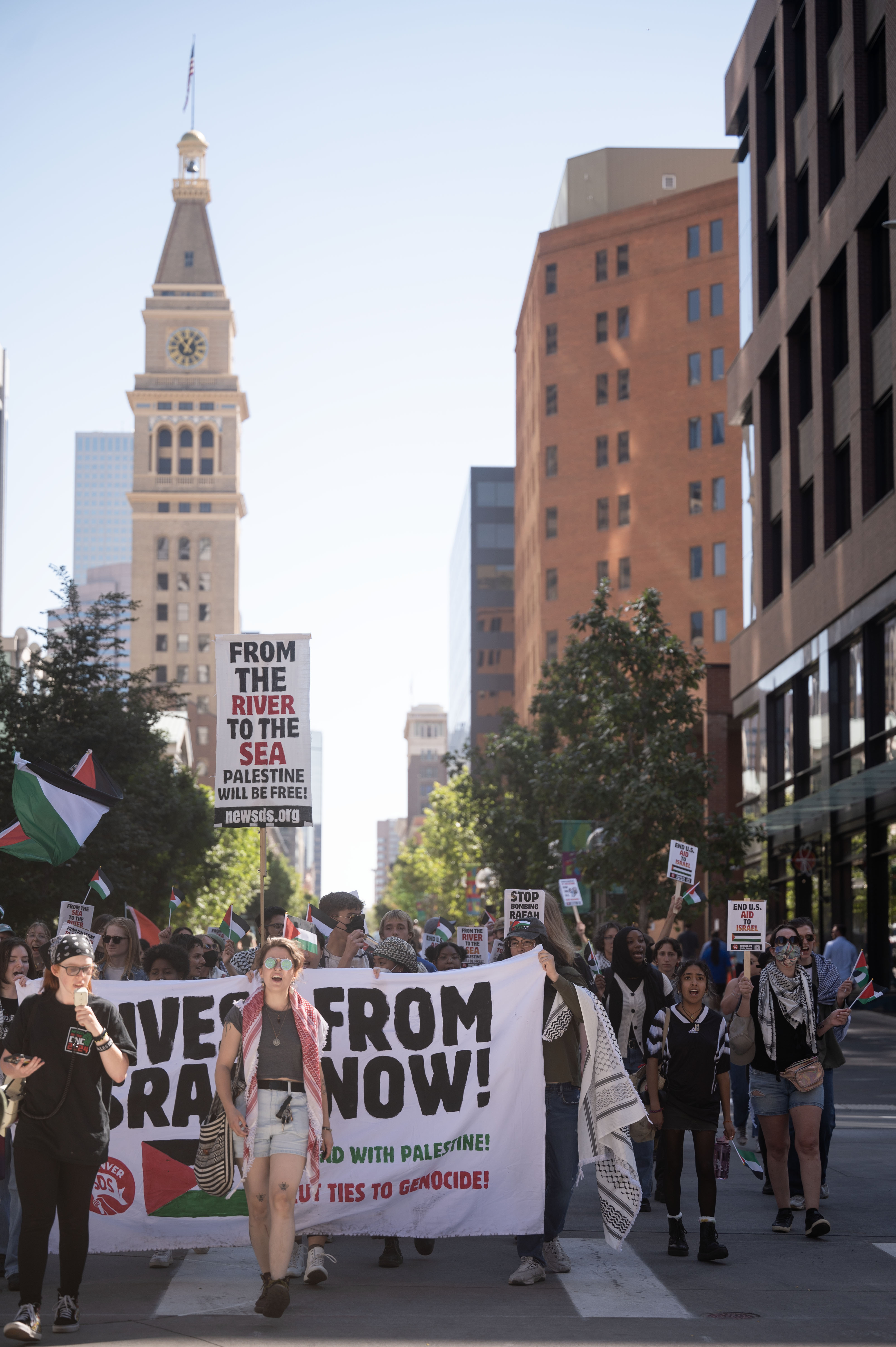 Protesters march through downtown Denver calling for divestment from Israel and an end to the conflict in Palestine on Monday, Oct. 7, 2024 (Stephen Swofford, Denver Gazette) (StephenSwoffordPhotographerstephen.swofford@gazette.comhttps://secure.gravatar.com/avatar/1ddcaf11c5d70eaa58546ddc4e038687?d=mm&r=g)