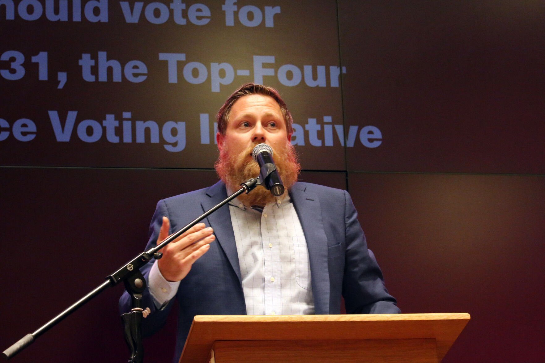 Jason Lupo of First Choice Counts speaks about the high cost of implementing ranked choice voting during the Proposition 131 debate at the University of Denver on Oct. 24. (Thelma Grimes)