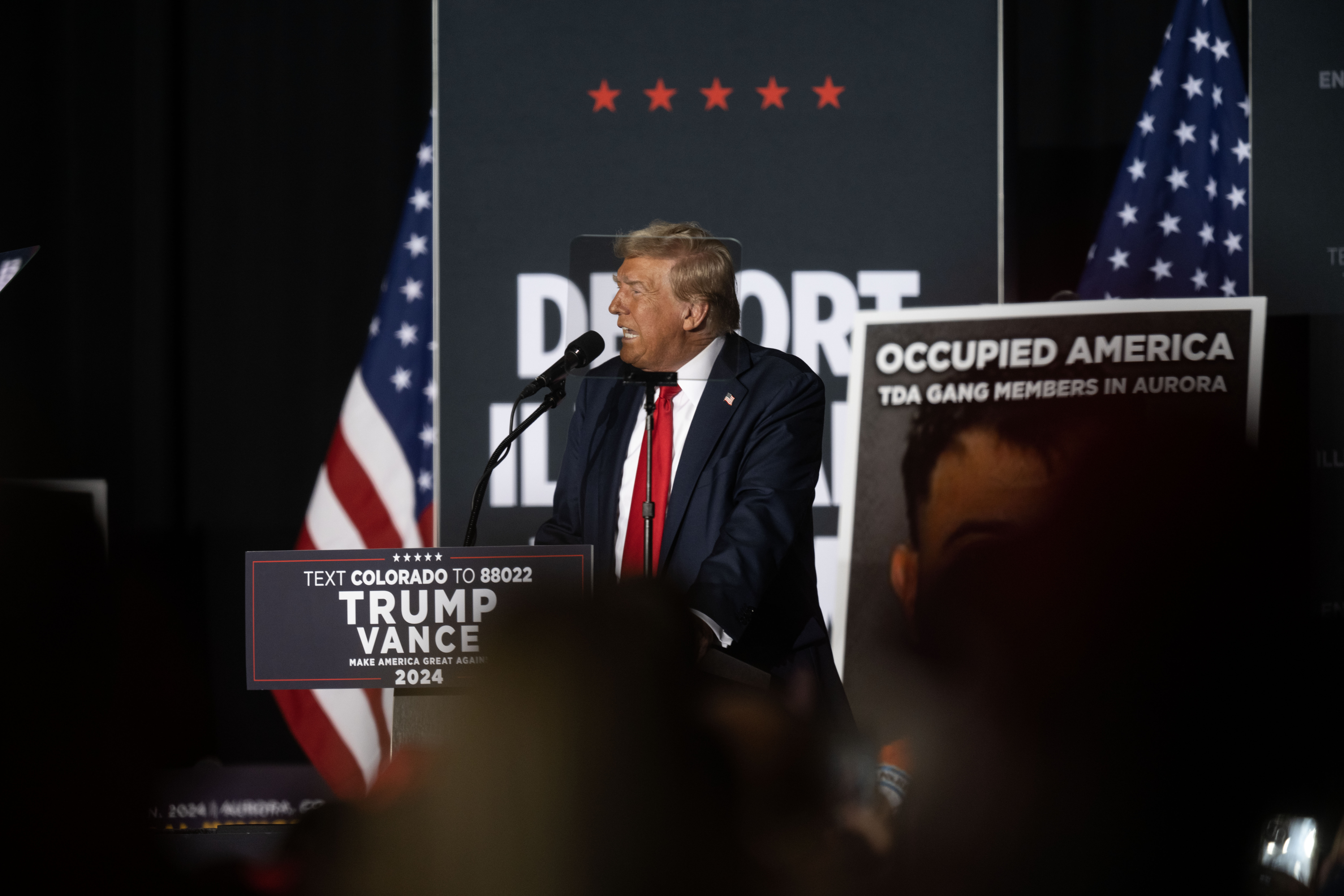 Trump addresses the crowd during a political rally at the Gaylord Rockies Resort and Convention Center in Aurora on Friday, Oct. 11, 2024. (Stephen Swofford, Denver Gazette) (Stephen Swofford Denver Gazette)