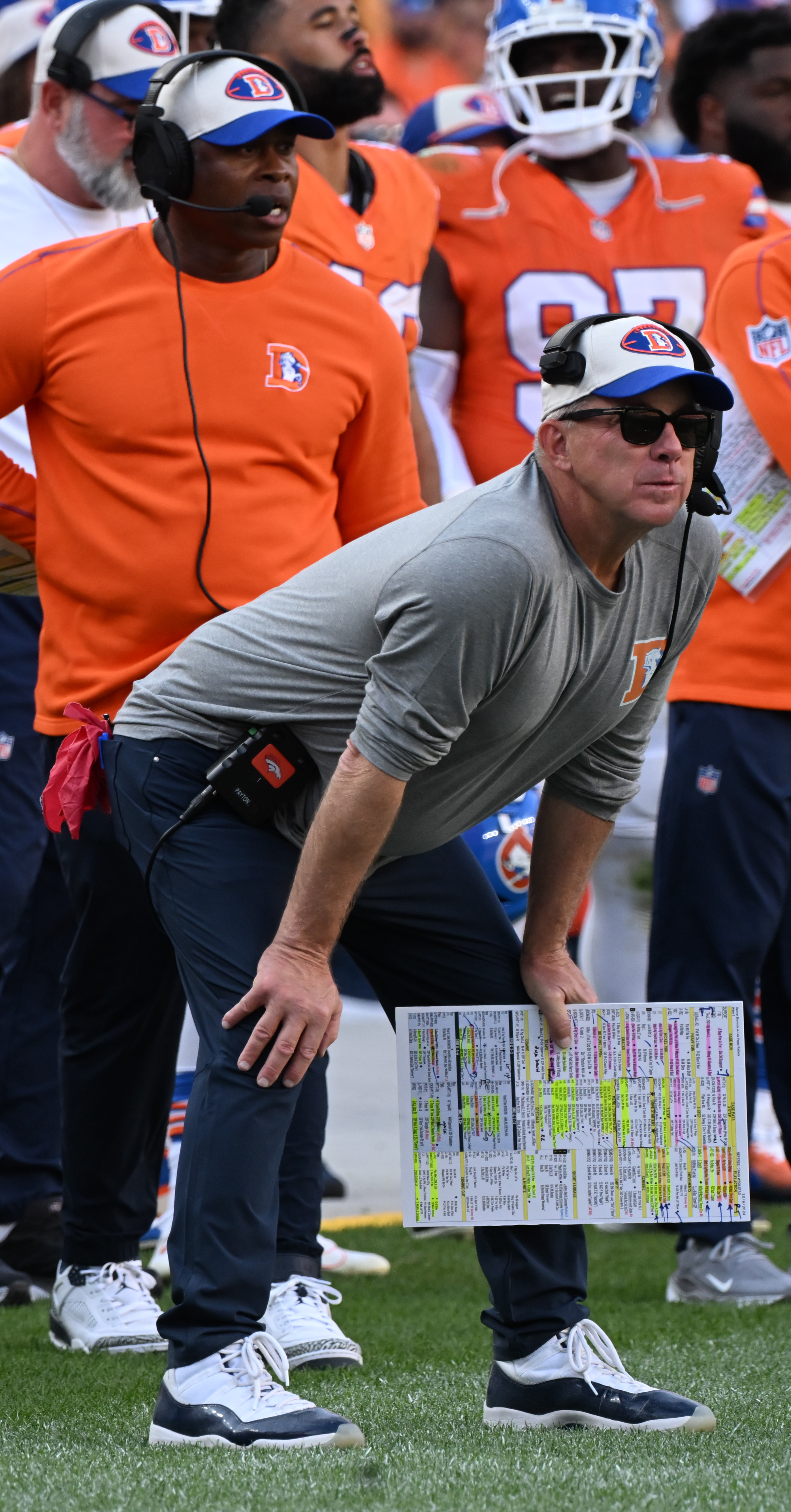 Denver Broncos Head Coach Sean Payton keeps his eye on a play during a game against the Raiders at Empower Field at Mile High on Sunday, Oct. 6, 2024. (Jerilee Bennett The Gazette)