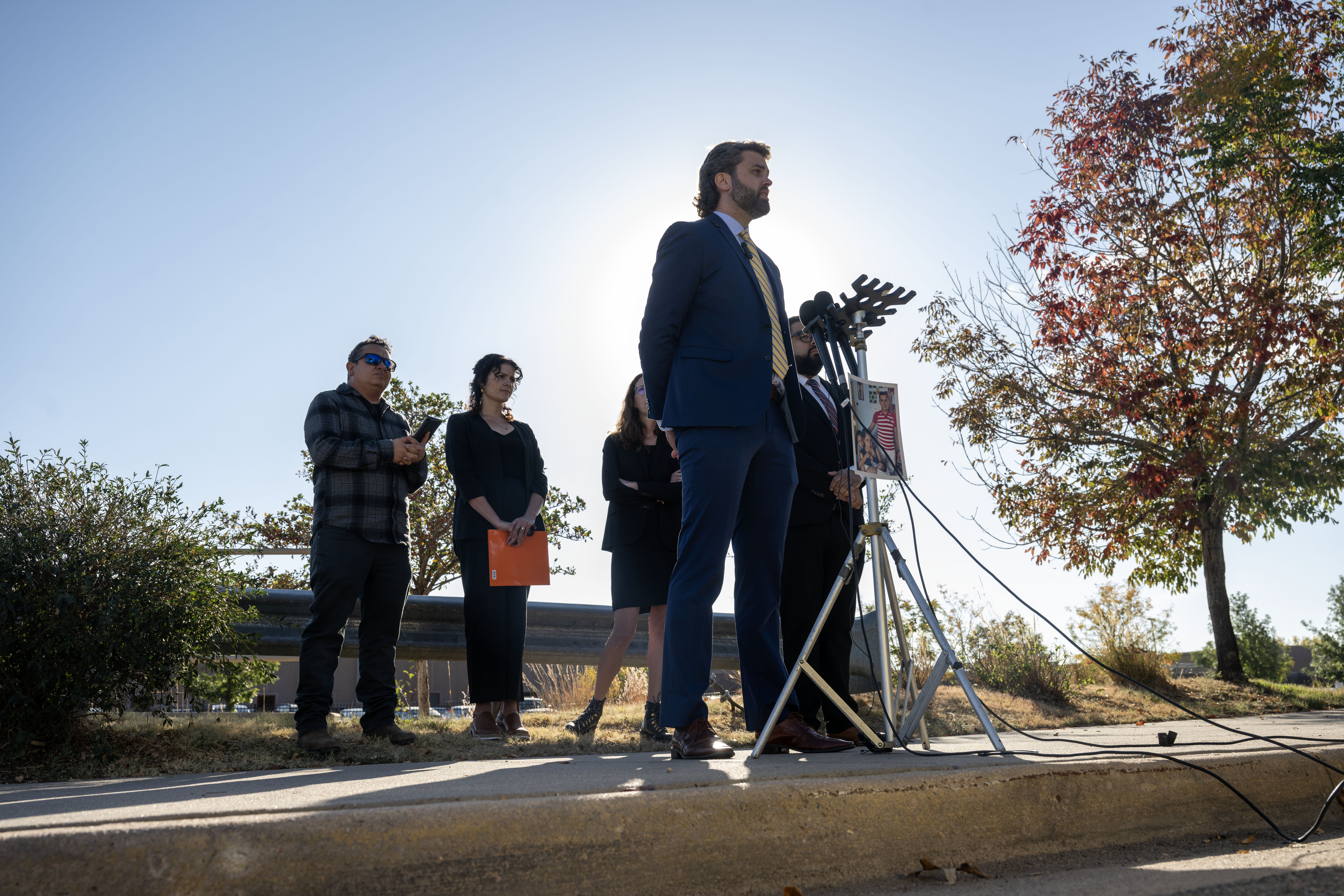Aaron Slade, attorney for the family of Melvin Ariel Calero Mendoza, a 39-year-old Nicaraguan asylum seeker who died at the Aurora Contract Detention Facility two years ago, gives a press conference outside the facility to announce a wrongful death lawsuit against The Geo Group, the private prison's operator, and its medical director on Tuesday, Oct. 15, 2024. (Stephen Swofford, Denver Gazette) (StephenSwoffordPhotographerstephen.swofford@gazette.comhttps://secure.gravatar.com/avatar/1ddcaf11c5d70eaa58546ddc4e038687?d=mm&r=g)