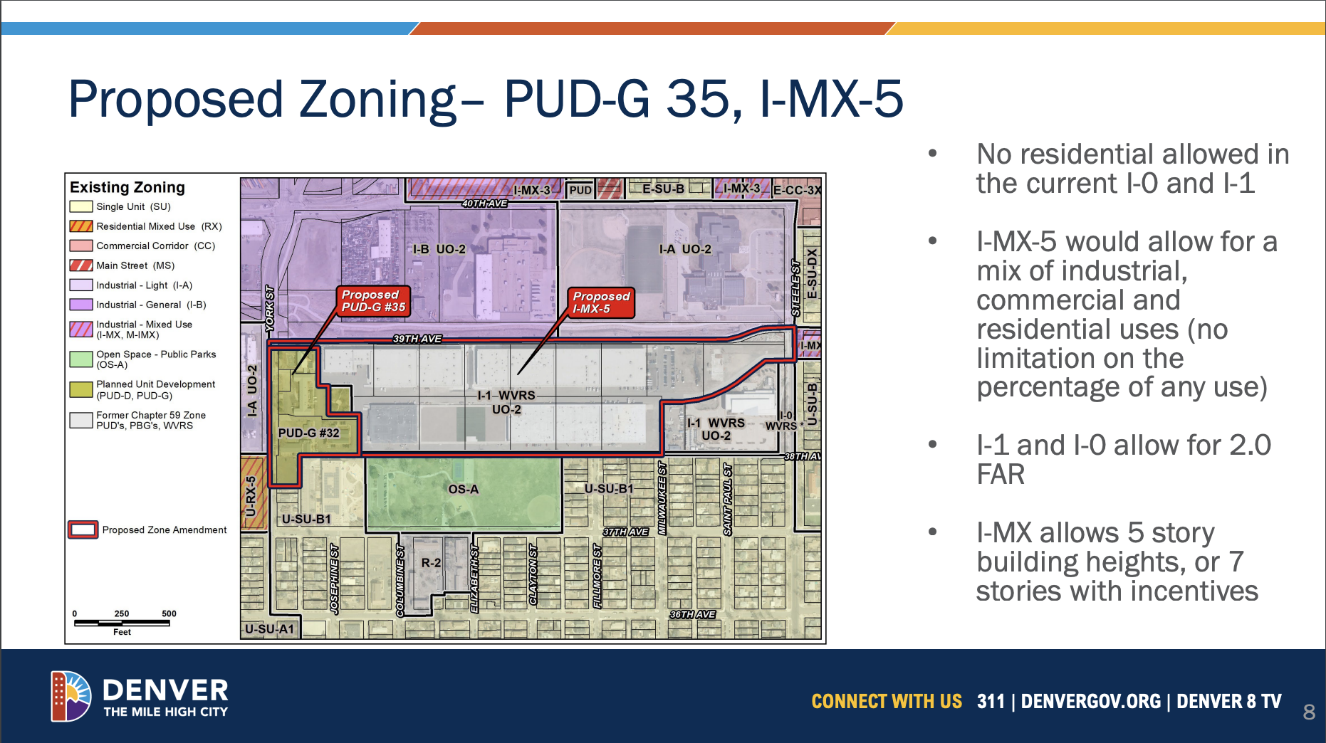 A slide from the City of Denver identifying the proposed rezoning for the York Street Yards. (Community Planning and Development)