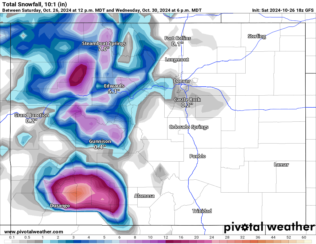 A GFS Total snowfall 10:1 (in) forecast map shows the potential amount of snow to accumulate from a winter storm in Colorado from Oct. 29-30, 2024. (PivotalWeather.com)