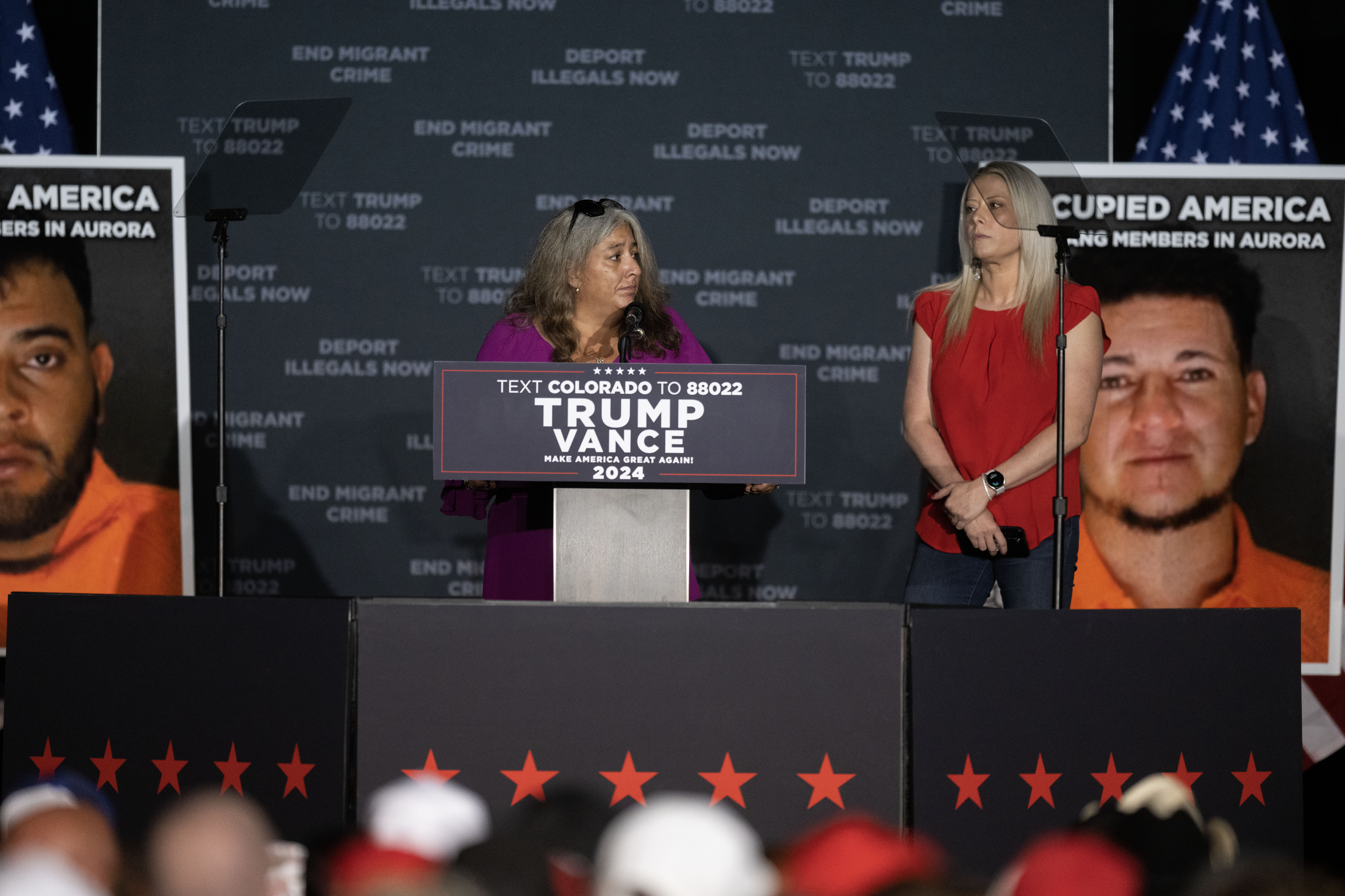Cindy Romero addresses the crowd onstage with Aurora City Councilmember Danielle Jurinsky during a trump rally at the Gaylord Rockies Resort and Convention Center in Aurora on Friday, Oct. 11, 2024. (Stephen Swofford, Denver Gazette) (Stephen Swofford Denver Gazette)