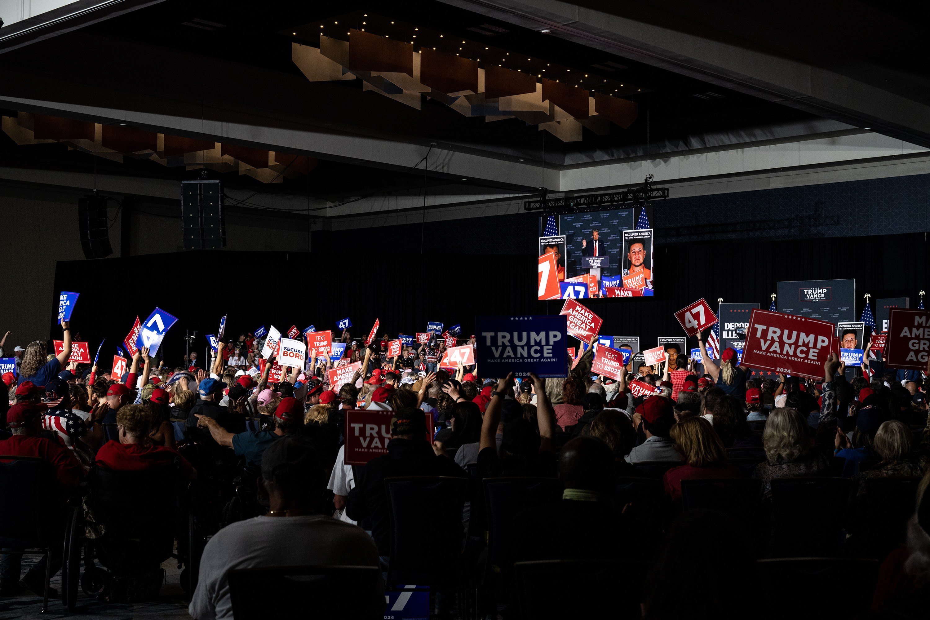 Republican presidential nominee former President Donald Trump makes remarks during a campaign rally at the Gaylord Rockies Resort and Convention Center, Friday, Oct. 11, 2024, in Aurora, Colo. (Parker Seibold, The Gazette) (Parker Seibold, The Gazette)
