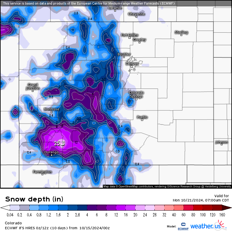 A Weather.us forecast map from the ECMWF model shows the forecasted snow depth in inches for 7 a.m., Monday, Oct. 21, for Colorado. The ECMWF forecast has southwestern Colorado's mountains potentially receiving up to 25 inches of snow from a winter-like storm from Oct. 18-20, 2024. (Weather.us)