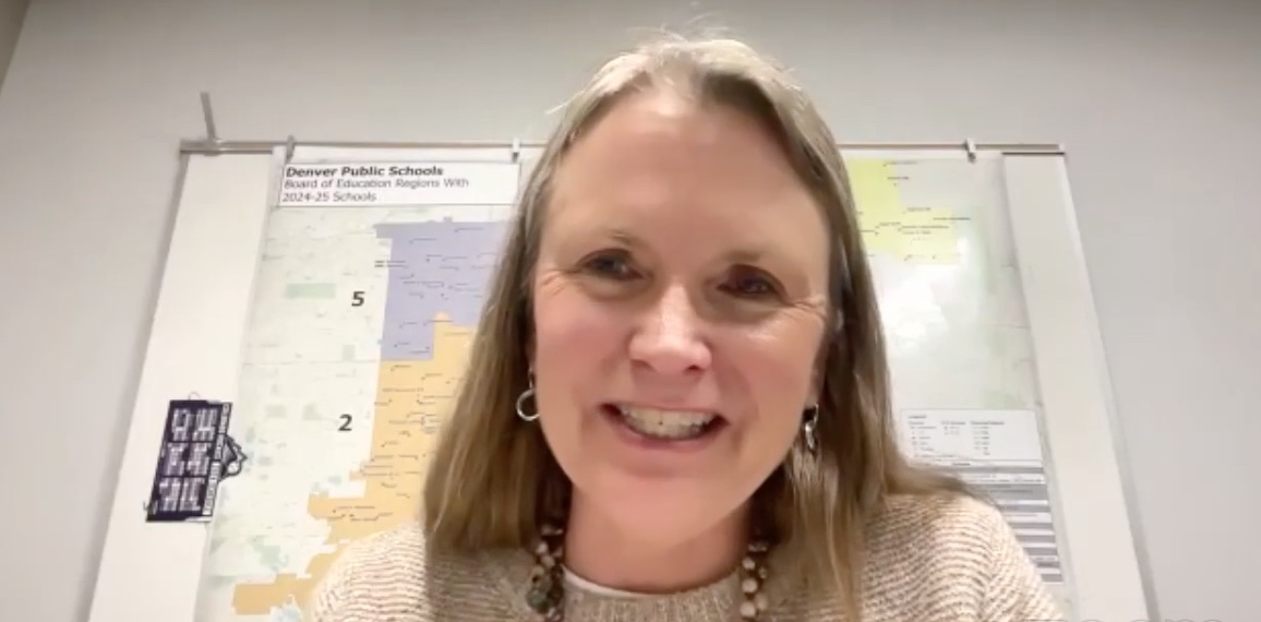 Denver Public Schools Board of Education President Carrie Olson praises Superintendent Alex Marrero's performance over the past year during a virtual meeting on Monday in this Oct. 28, 2024 screenshot.