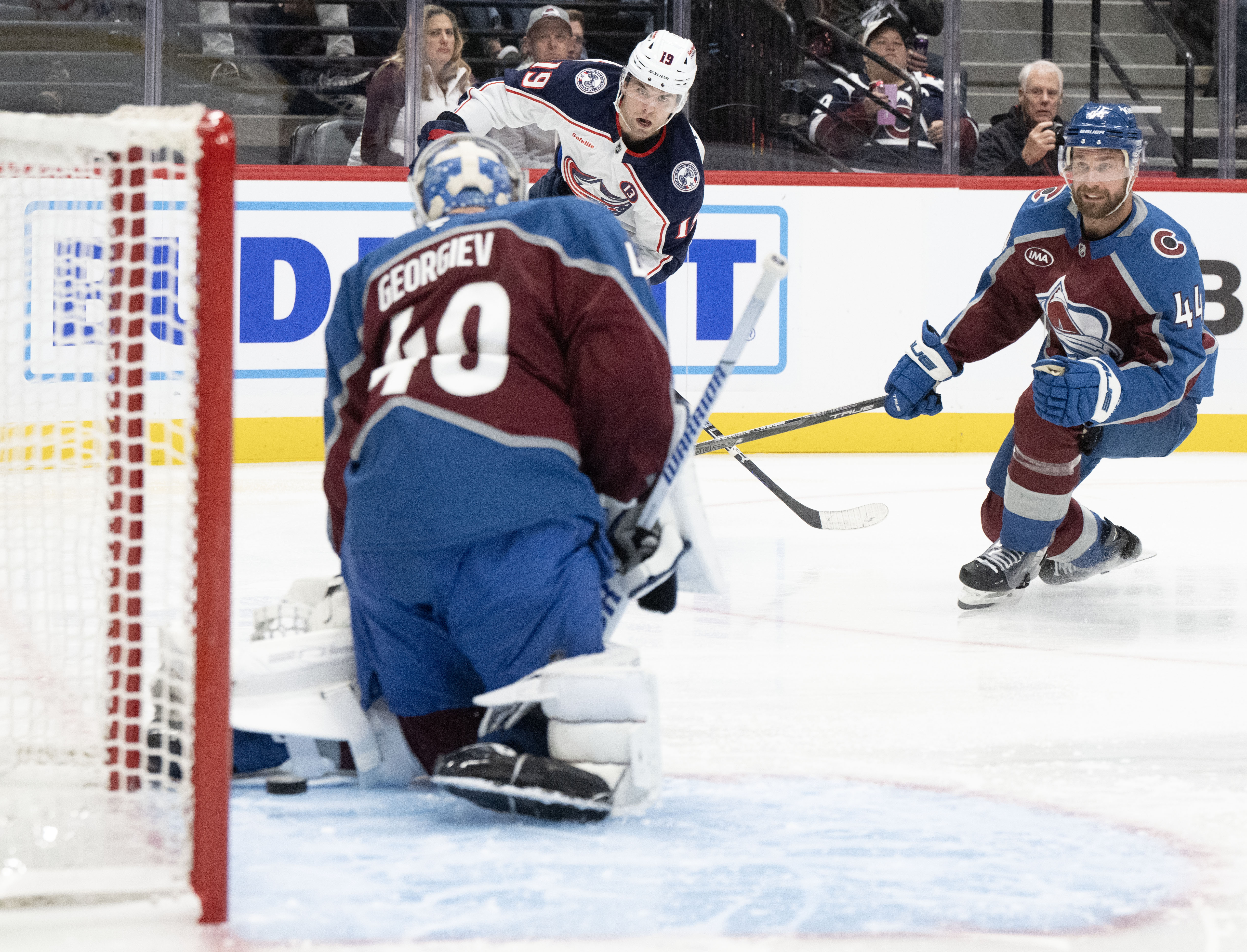 Columbus Blue Jackets center Adam Fantilli (19) scores past Colorado Avalanche goaltender Alexandar Georgiev (40) during the second period Saturday, Oct. 12, 2024, at Ball Arena in Denver. Georgiev was replaced by Colorado Avalanche goaltender Justus Annunen (60) after giving up his third goal. (The Gazette, Christian Murdock) (Christian Murdock)