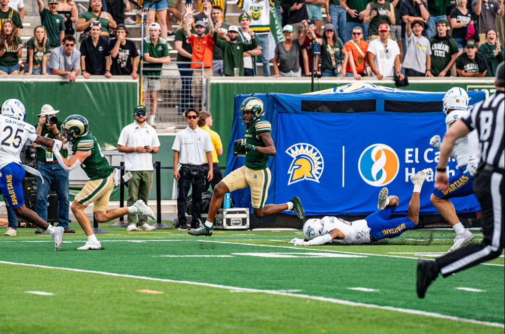 Colorado State sophomore wide receiver Armani Winfield (1) carries the ball during a 62-yard touchdown play during a game against San Jose State on Saturday, Oct. 12, 2024 at Canvas Stadium in Fort Collins. (Courtesy of CSU Athletics)