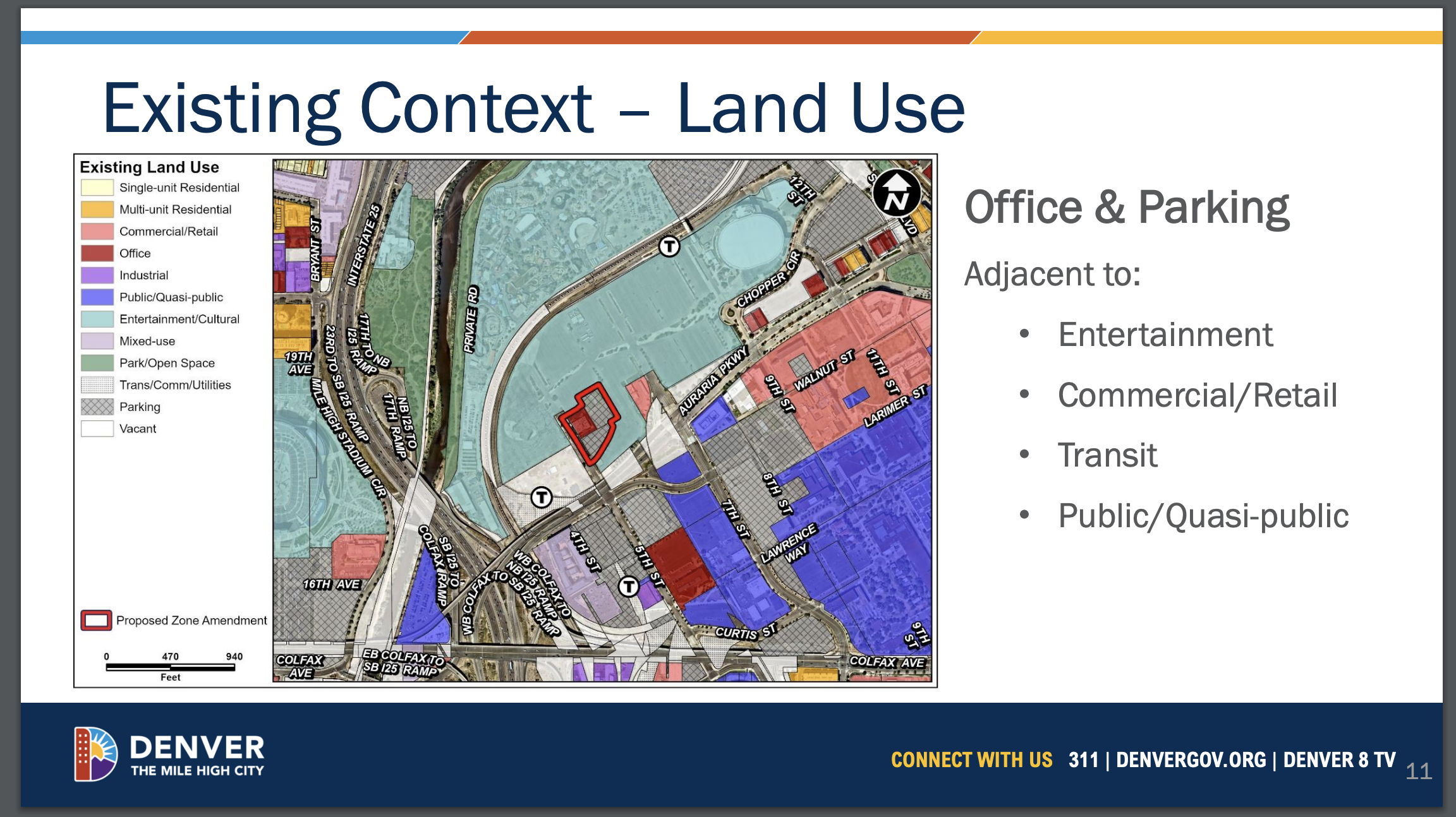 Existing land use around the properties of 500, 501 and 551 Wewatta Street. Property Owner Landon Scott wants to rezone the small parcel to match the Ball Arena redevelopment zone code. (City of Denver)