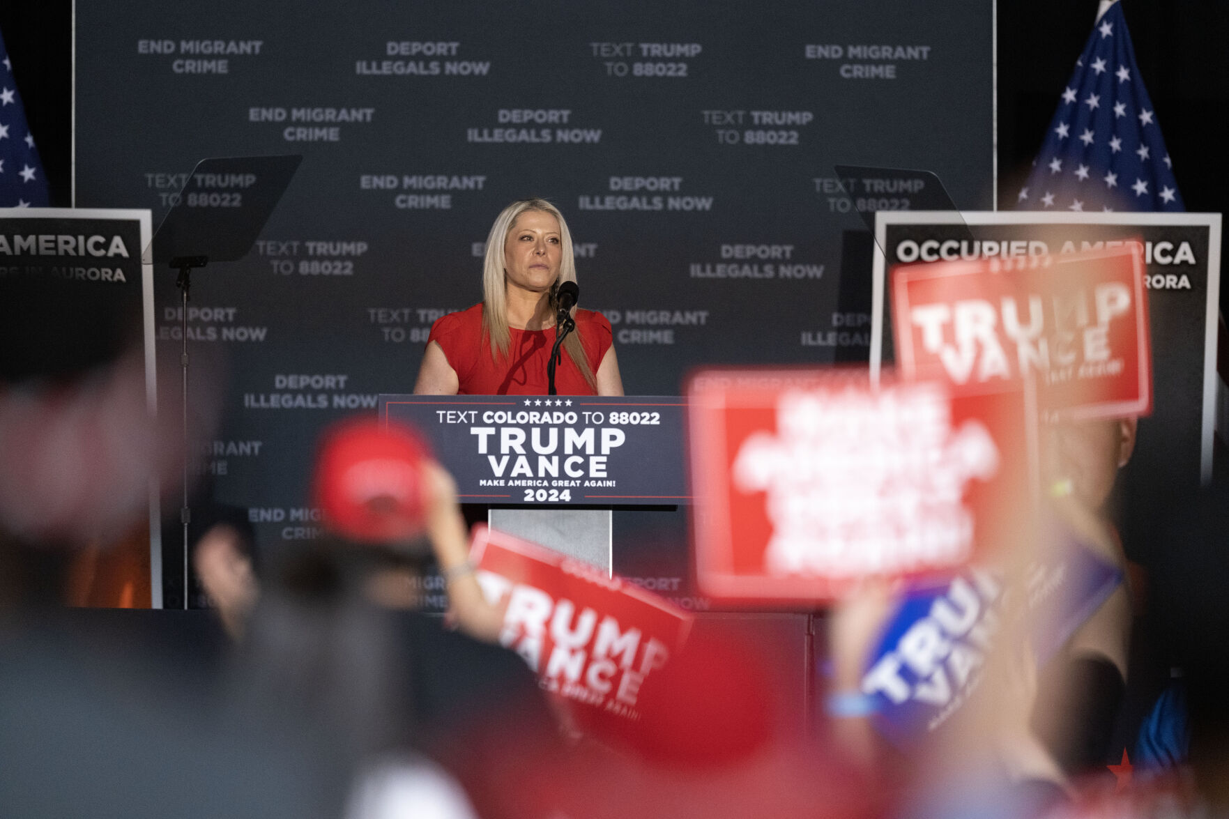 FILE PHOTO: Aurora City Councilmember Danielle Jurinsky addresses the crowd during a trump rally at the Gaylord Rockies Resort and Convention Center in Aurora on Oct. 11, 2024. (StephenSwoffordPhotographerstephen.swofford@gazette.comhttps://secure.gravatar.com/avatar/1ddcaf11c5d70eaa58546ddc4e038687?d=mm&r=g)