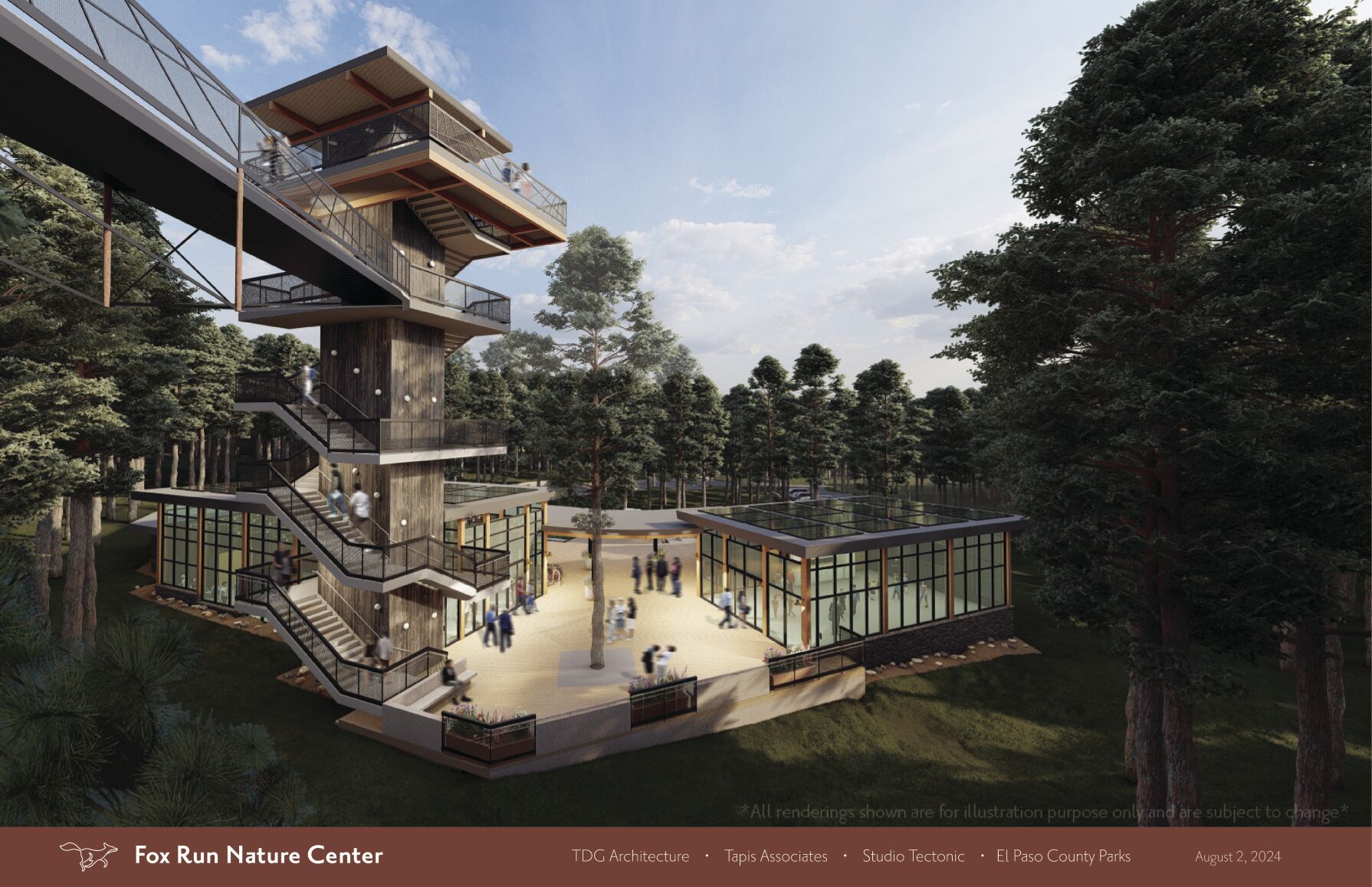 A “canopy tower” and “canopy walk” are part of proposed concepts for a Fox Run Nature Center at Fox Run Regional Park in northern El Paso County. (courtesy of TDG Architecture)