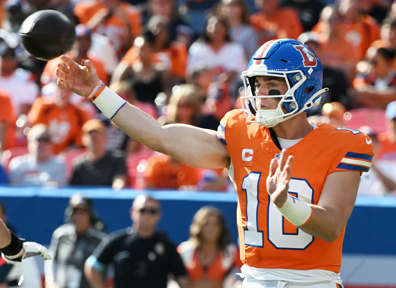 Denver Broncos quarterback Bo Nix (10) throws the ball during the second quarter of a game at Empower Field at Mile High on Sunday, Oct. 6, 2024. The Broncos won the game 34-18. (Jerilee Bennett, The Gazette)
