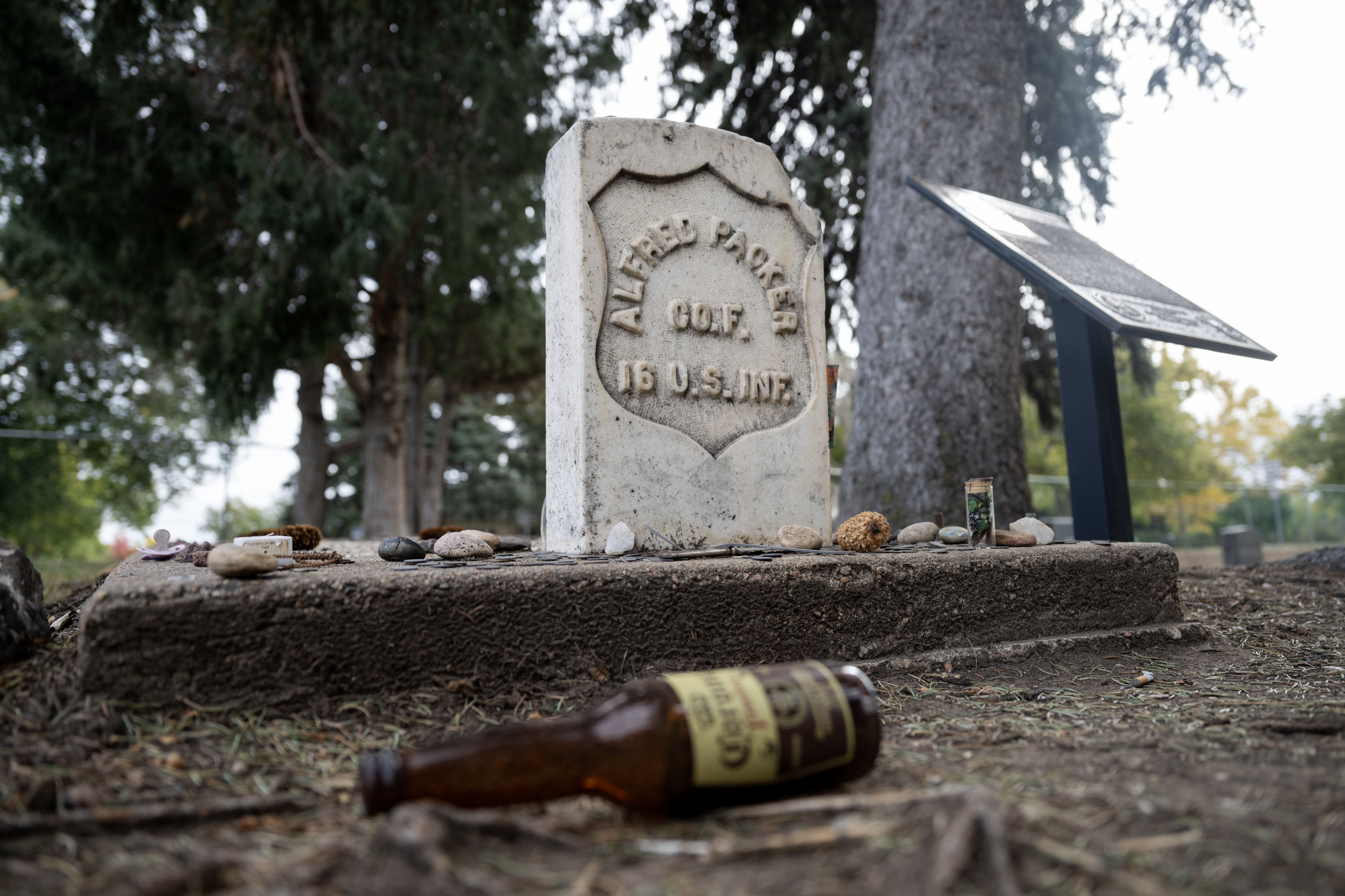 Alfred Packer is the only man in US History to be convicted of a crime related to Cannibalism. His headstone lies in the Littleton Cemetery, where people leave coins and trinkets such as silverware, painted stones, and occasionally chicken bones. (Stephen Swofford, Denver Gazette) (Stephen Swofford Denver Gazette)