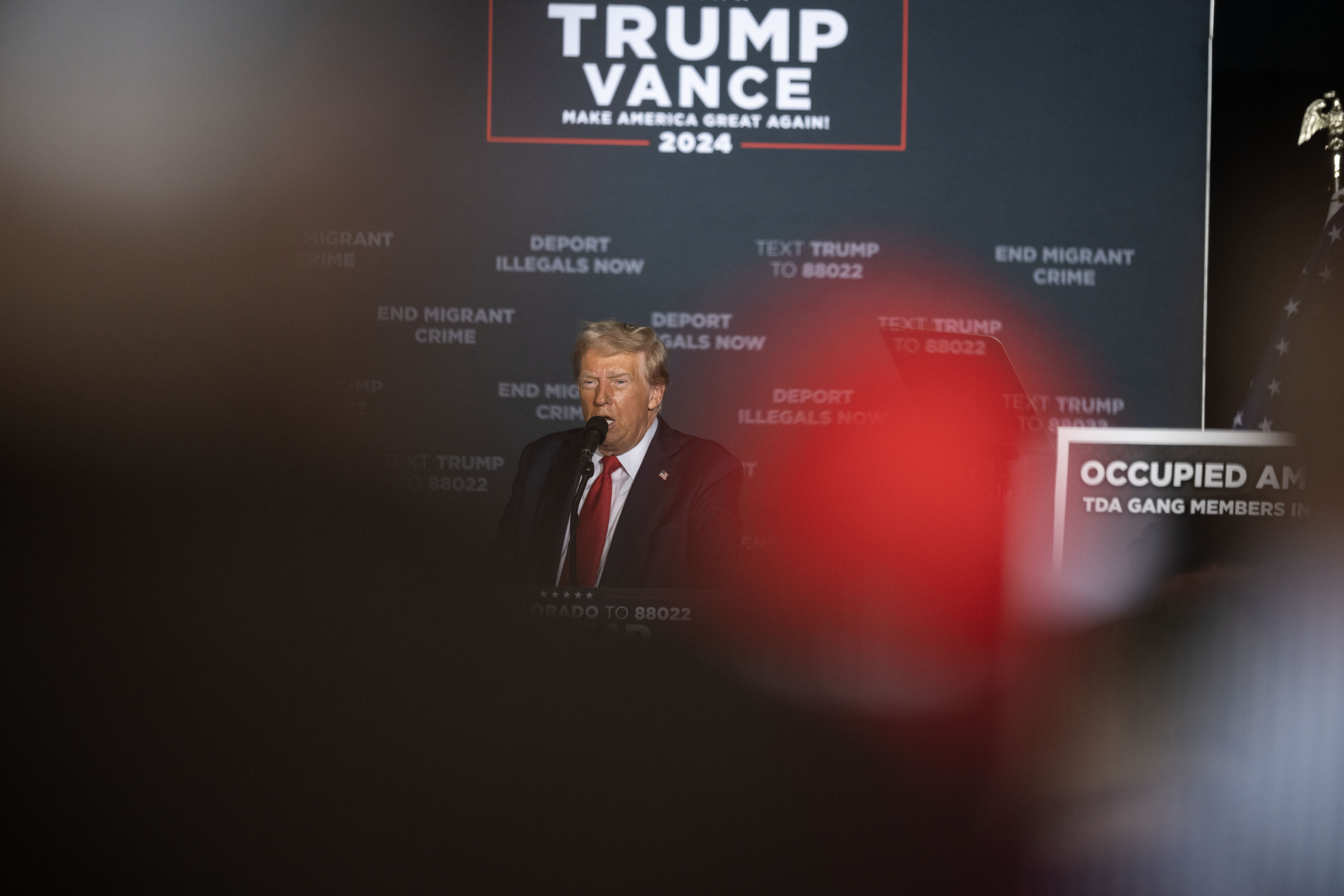 Trump addresses the crowd during a political rally at the Gaylord Rockies Resort and Convention Center in Aurora on Friday, Oct. 11, 2024. (Stephen Swofford, Denver Gazette) (Stephen Swofford Denver Gazette)