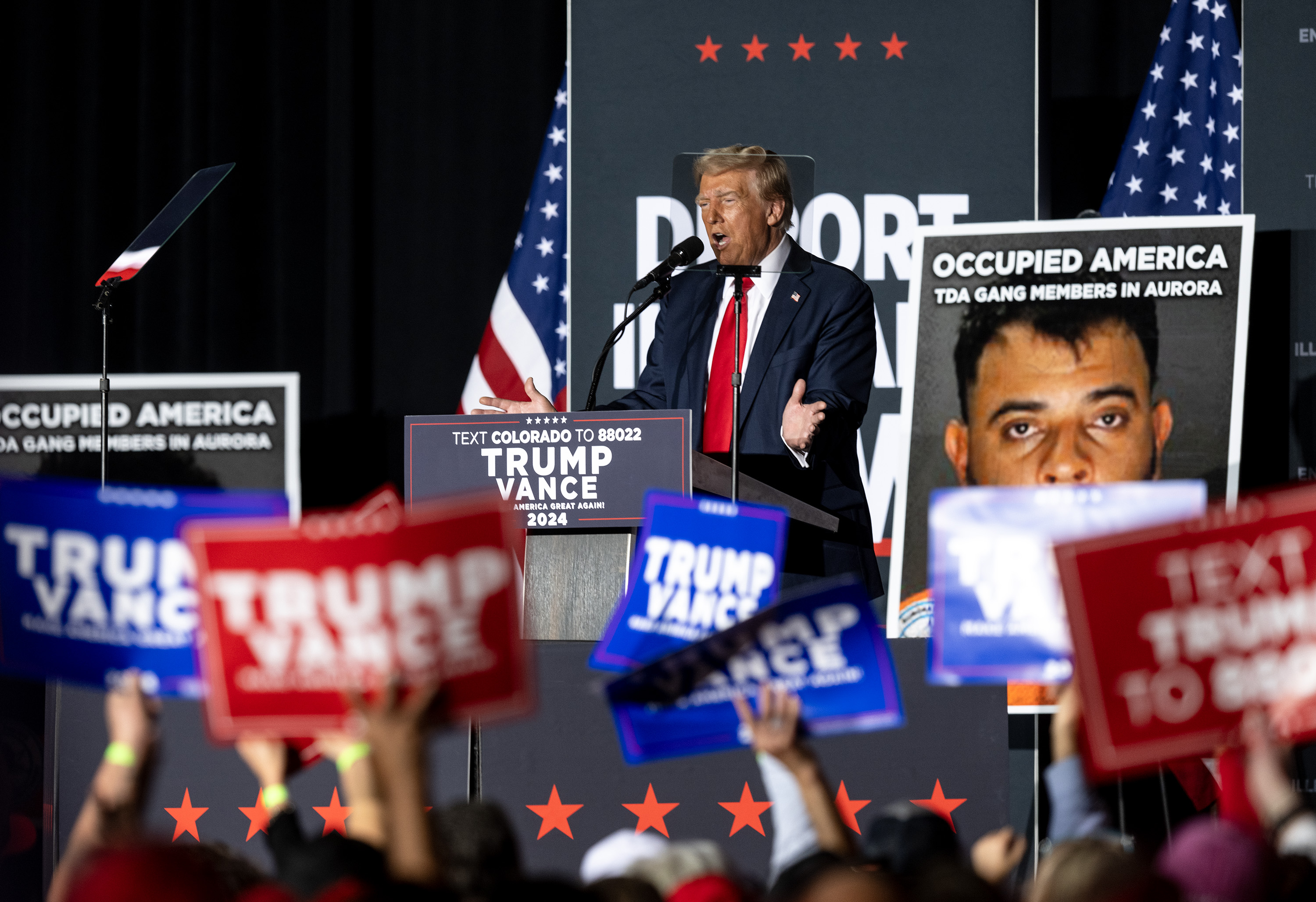Republican presidential nominee former President Donald Trump makes remarks during a campaign rally at the Gaylord Rockies Resort and Convention Center, Friday, Oct. 11, 2024, in Aurora, Colo. (Parker Seibold, The Gazette) (Parker Seibold, The Gazette)