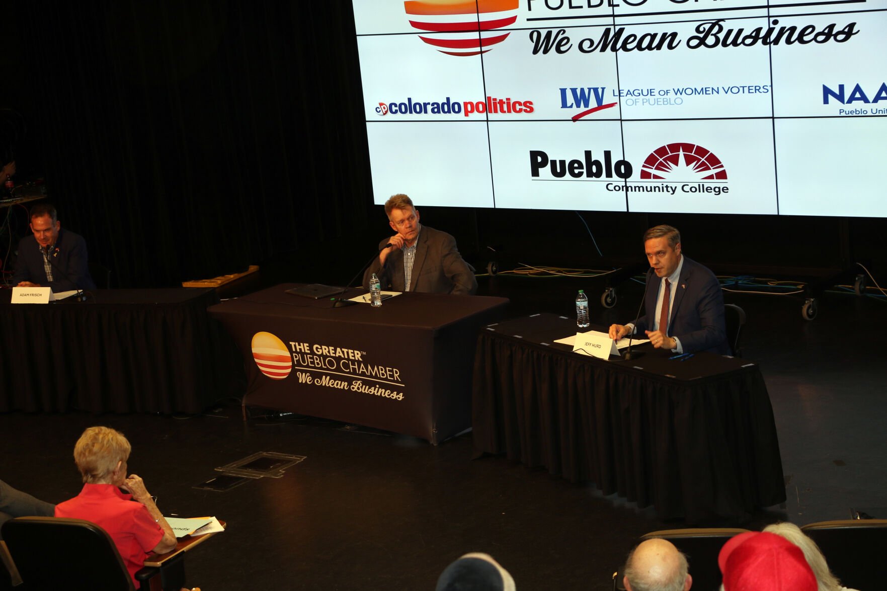 With a full audience at the Hoag Theater at Pueblo Community College, 3rd Congressional District candidates Adam Frisch and Jeff Hurd participate in the second and final debate of the race on Sept. 30. Colorado Politics reporter Ernest Luning moderated the debate. (Thelma Grimes)