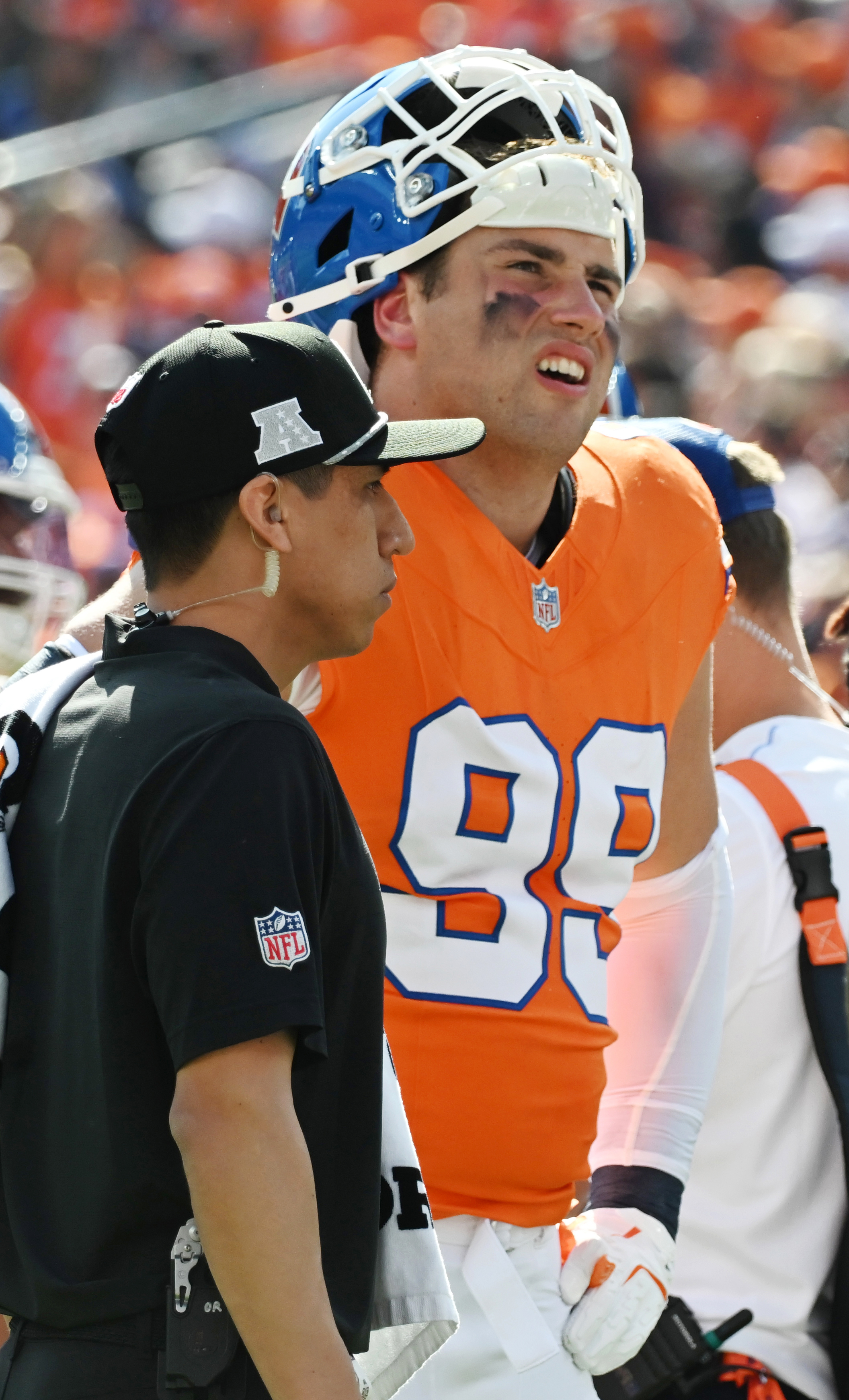 Denver Broncos defensive end Zach Allen (99) takes a break between plays during a game against the Raiders at Empower Field at Mile High on Sunday, Oct. 6, 2024. (Jerilee Bennett The Gazette)