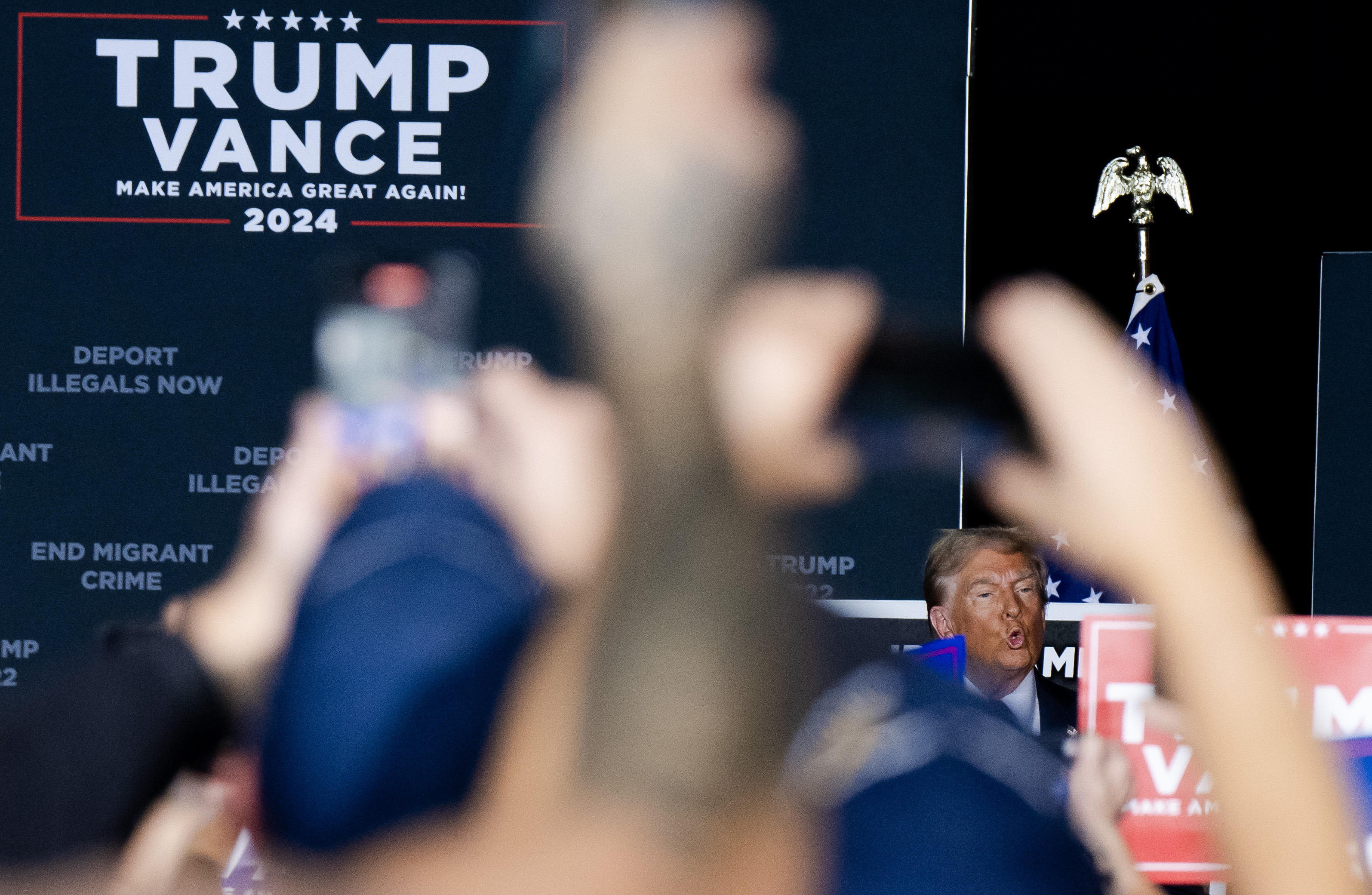 Republican presidential nominee former President Donald Trump enters his campaign rally at the Gaylord Rockies Resort and Convention Center, Friday, Oct. 11, 2024, in Aurora, Colo. (Parker Seibold, The Gazette) (Parker Seibold, The Gazette)