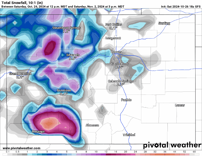 A GFS Total snowfall 10:1 (in) forecast model loop shows potential additional amounts of snow to accumulate from a second winter storm in Colorado from Nov. 2-4, 2024. (PivotalWeather.com)