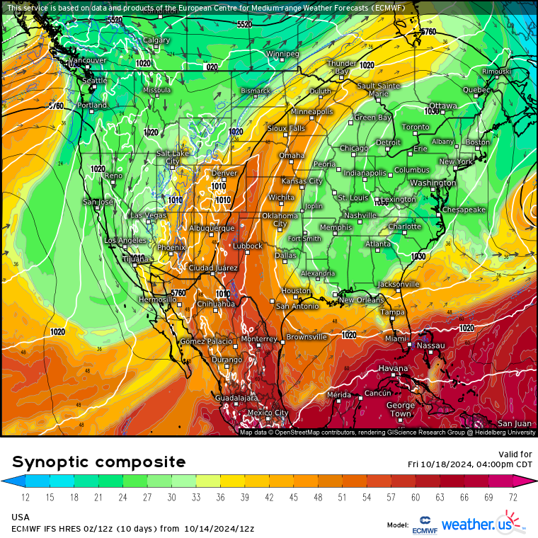 A Weather.us forecast map from the ECMWF model shows the synoptic composite of wind speeds, atmospheric pressure and humidity levels of the air for 10 p.m., Friday, Oct. 18, for the United States. The reds, yellows and oranges represent moister air and the greens, blues and purples represent less moist air. (Weather.us)