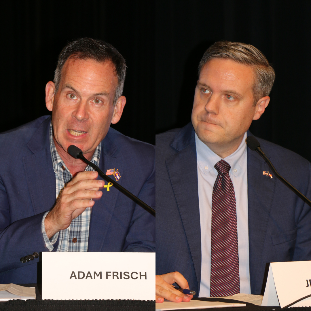 3rd Congressional District candidates Republican Jeff Hurd and Democrat Adam Frisch debate affordable housing, cost of living and other issues on Sept. 30 in Pueblo. (Thelma Grimes)