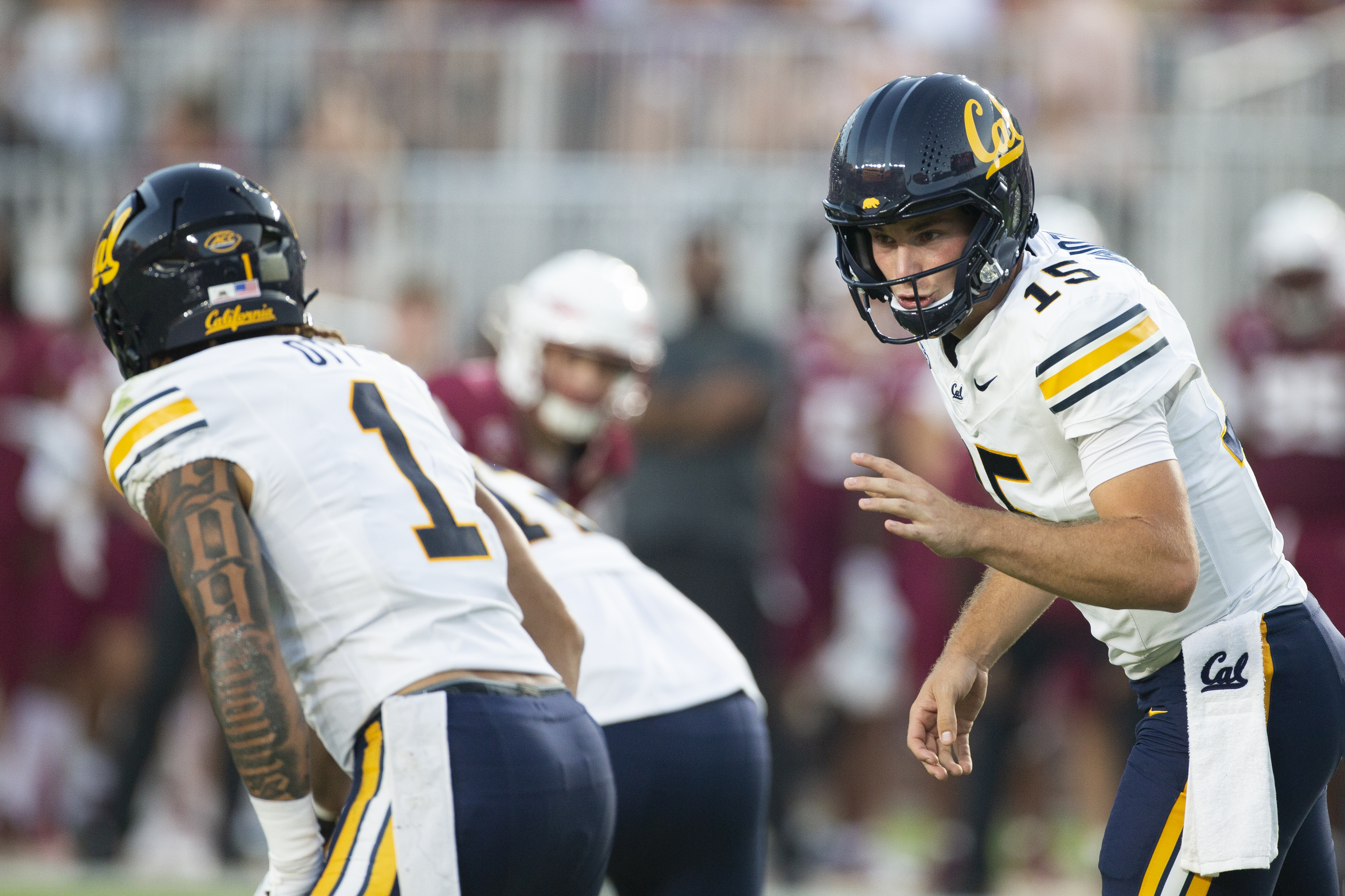California quarterback Fernando Mendoza (15) shouts instructions to California running back Jaydn Ott (1) at the line of scrimmage in the first half of an NCAA college football game against Florida State in Tallahassee, Fla., Saturday, Sept. 21, 2024. (AP Photo/Mark Wallheiser) (Mark Wallheiser)
