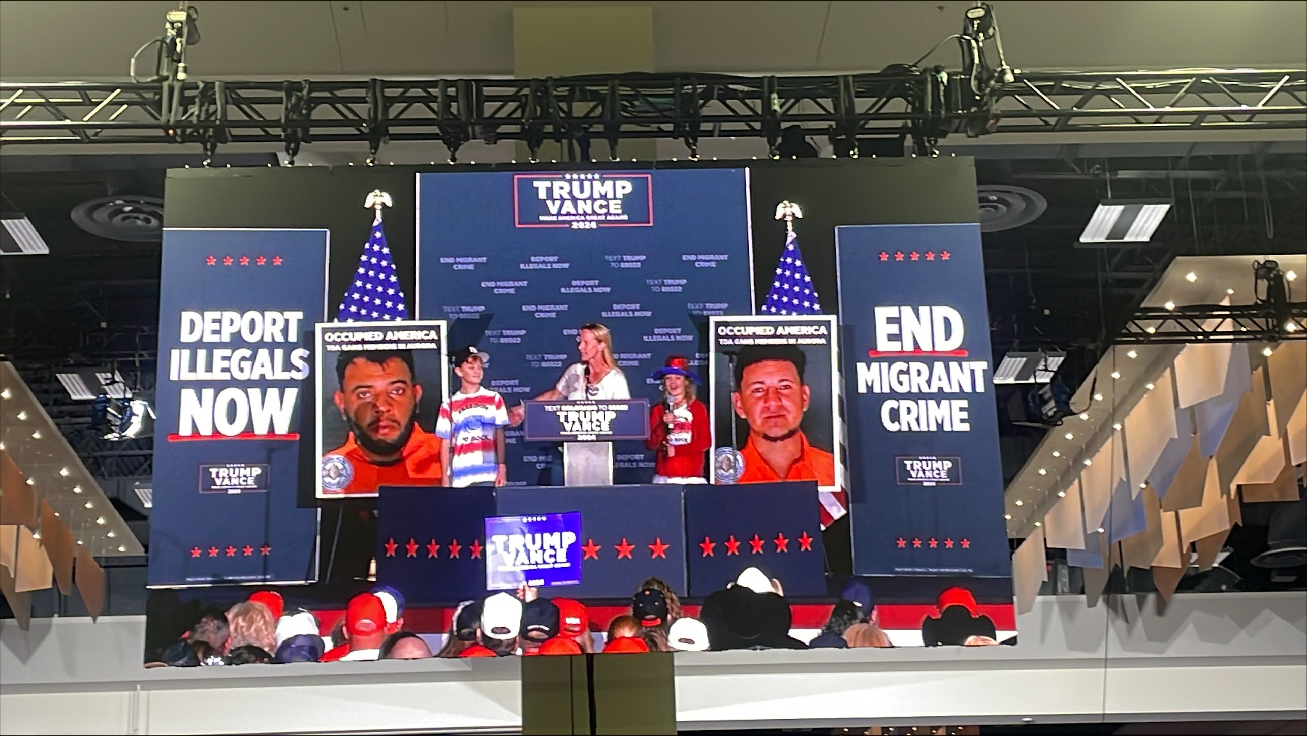 Police booking photos of two suspected Venezuela gang members, Tren de Aragua (TdA), suspected of crimes in Aurora adorn the stage at former President Donald Trump's rally. The speakers are Colorado Springs residents. Photos are of Jose Miguel Reyes-Perez and Juan Carlos Mejia-Espana, according to Aurora police. (KylaPearceAurora reporterkyla.pearce@denvergazette.comhttps://denvergazette.com/content/tncms/avatars/2/16/1e5/2161e54a-3f47-11ed-bc0c-ff41892600ae.4fb8f678b9b96eab286c33c5af828fe7.png)