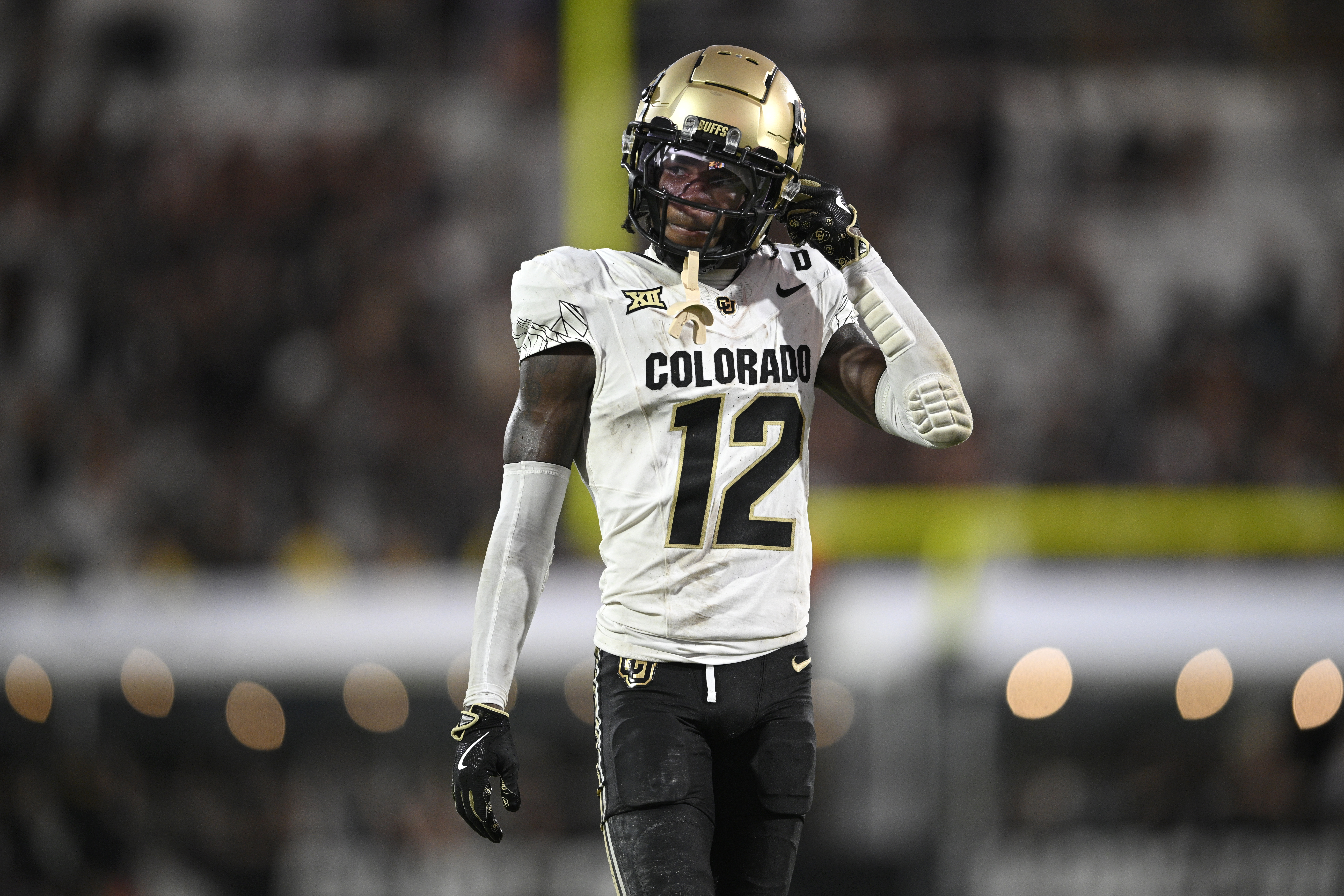 Colorado wide receiver Travis Hunter (12) sets up for a play against Central Florida during the second half of a game on Sept. 28, 2024, in Orlando, Fla. (The Associated Press)