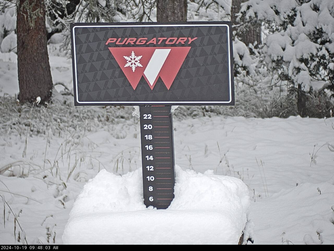The snow stake web camera, as seen at 10 a.m., Saturday, Oct. 19, 2024, at Purgatory Mountain Resort north of Durango, Colorado. A mid-fall winter-like storm dropped 5 to 6 inches of snow at the southern Colorado ski area during the first major snow event of winter 2024-25. (Purgatory Mountain Resort)