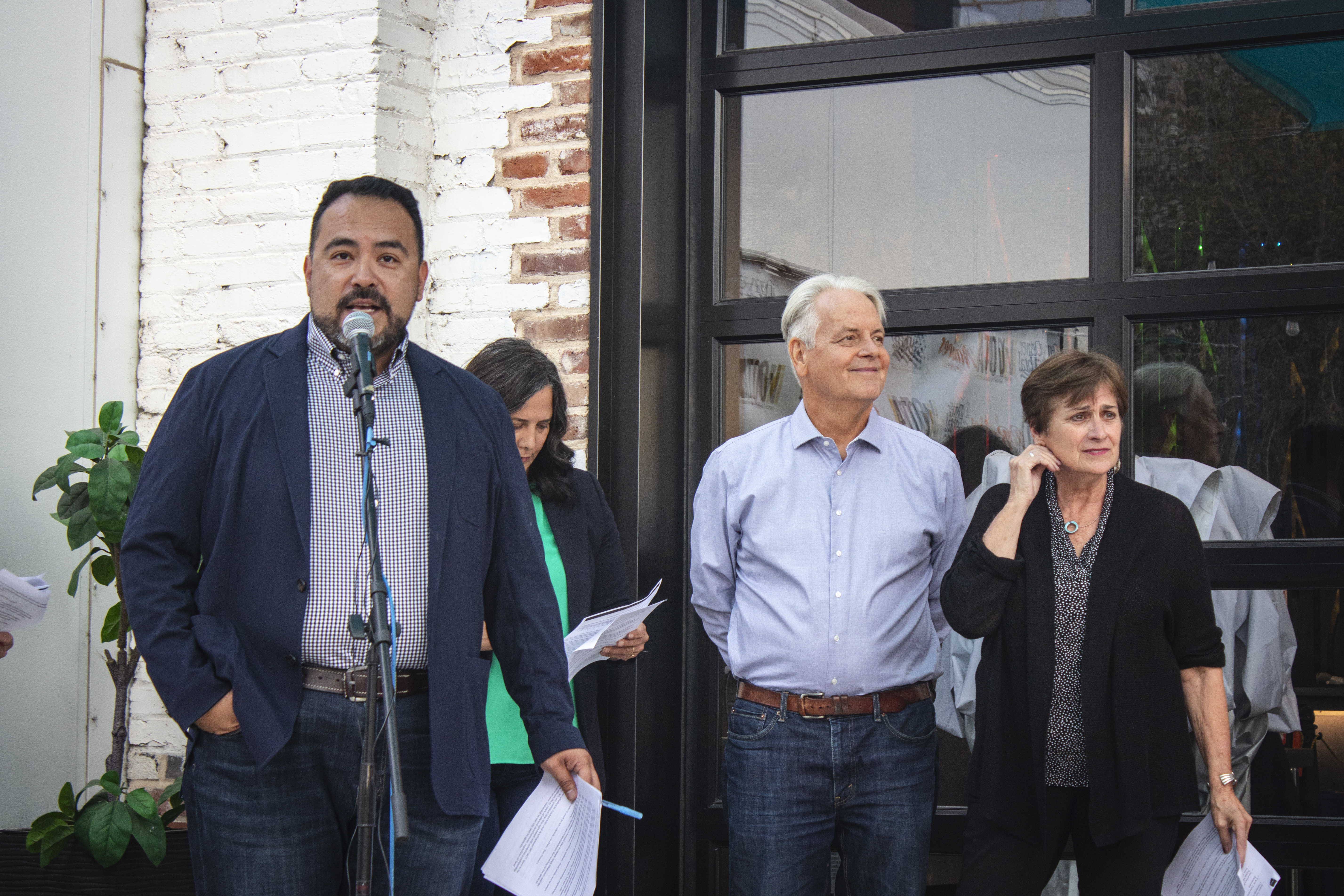 Simon Tafoya speaks at the Raíces Brewing Co. on Wednesday, Oct. 16, 2024 to announce the results of 15-month negotiations between community leaders and Kroenke Sports & Entertainment over the Ball Arena redevelopment. (Bernadette Berdychowski / Denver Gazette)