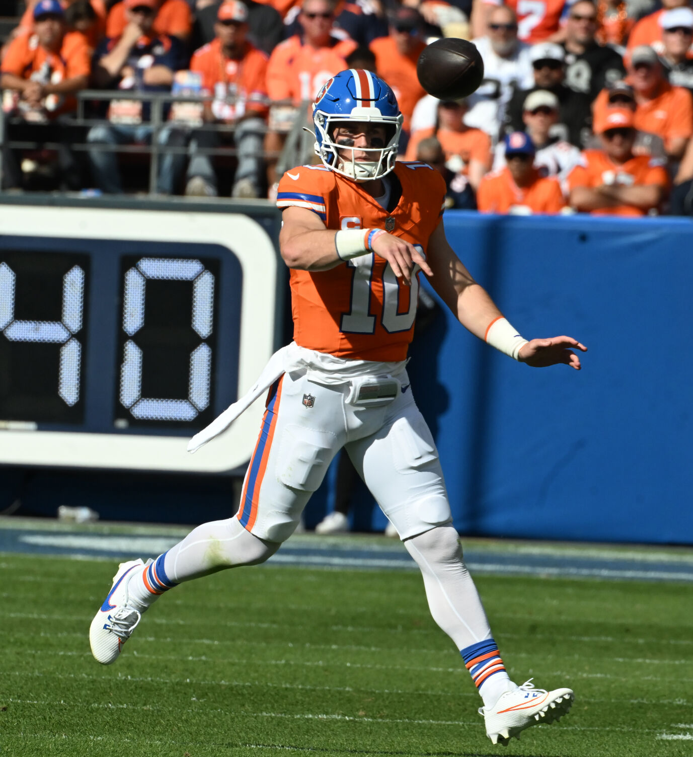 Denver Broncos quarterback Bo Nix (10) throws the ball during the first quarter of a game at Empower Field at Mile High on Sunday, Oct. 6, 2024. The Broncos won the game 34-18. (Jerilee Bennett The Gazette)