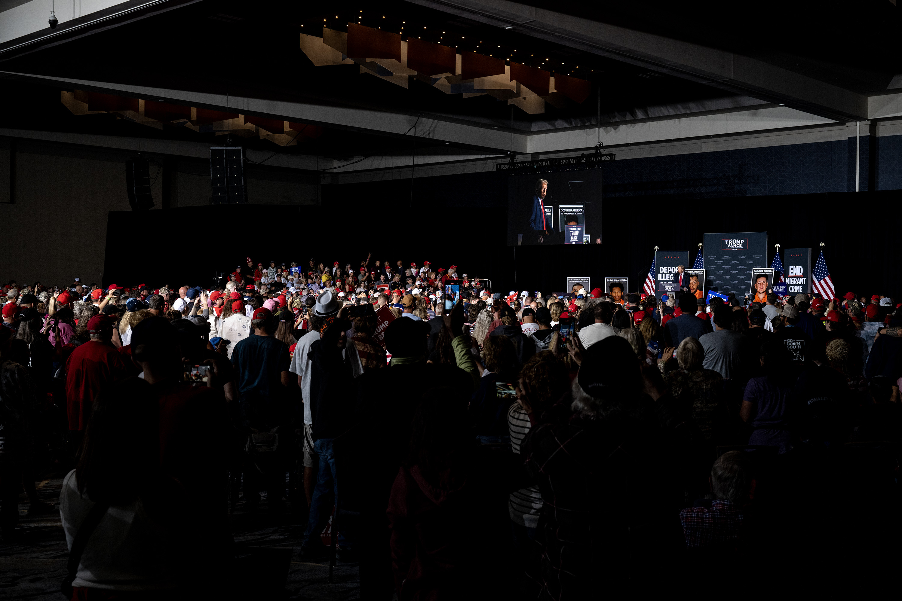Republican presidential nominee former President Donald Trump makes remarks during a campaign rally at the Gaylord Rockies Resort and Convention Center, Friday, Oct. 11, 2024, in Aurora, Colo. (Parker Seibold, The Gazette) (Parker Seibold, The Gazette)