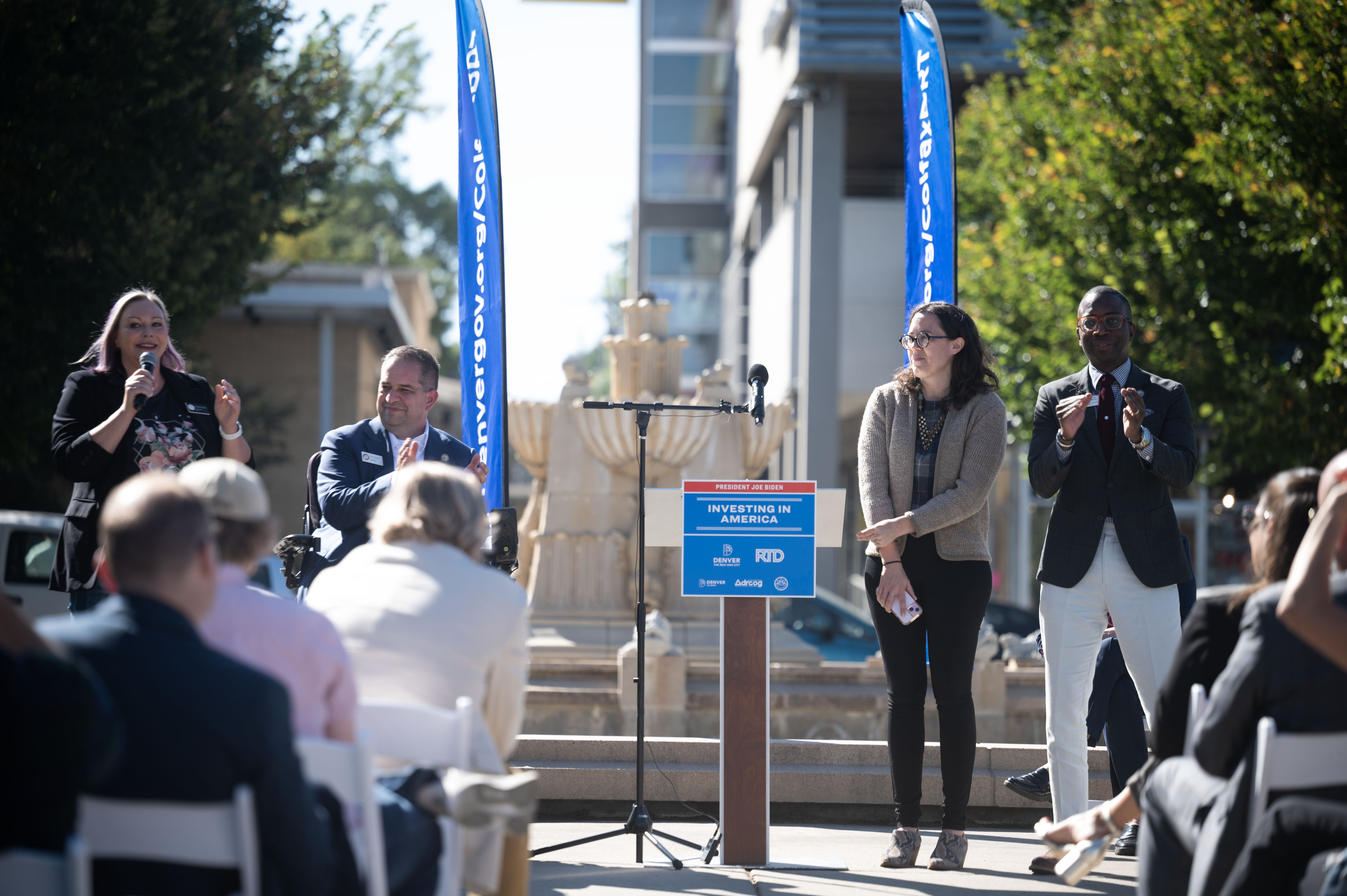 City Councilmembers (from left) Amanda Sawyer, Chris Hinds, Sarah Parady, and Darrell Watson, give remarks during the groundbreaking ceremony on Friday, Oct. 4, 2024 for a $280M transit improvement project that will introduce Denver’s first bus rapid transit project to transform how bus service operates on East Colfax Avenue. (Stephen Swofford, Denver Gazette) (StephenSwoffordPhotographerstephen.swofford@gazette.comhttps://secure.gravatar.com/avatar/1ddcaf11c5d70eaa58546ddc4e038687?d=mm&r=g)