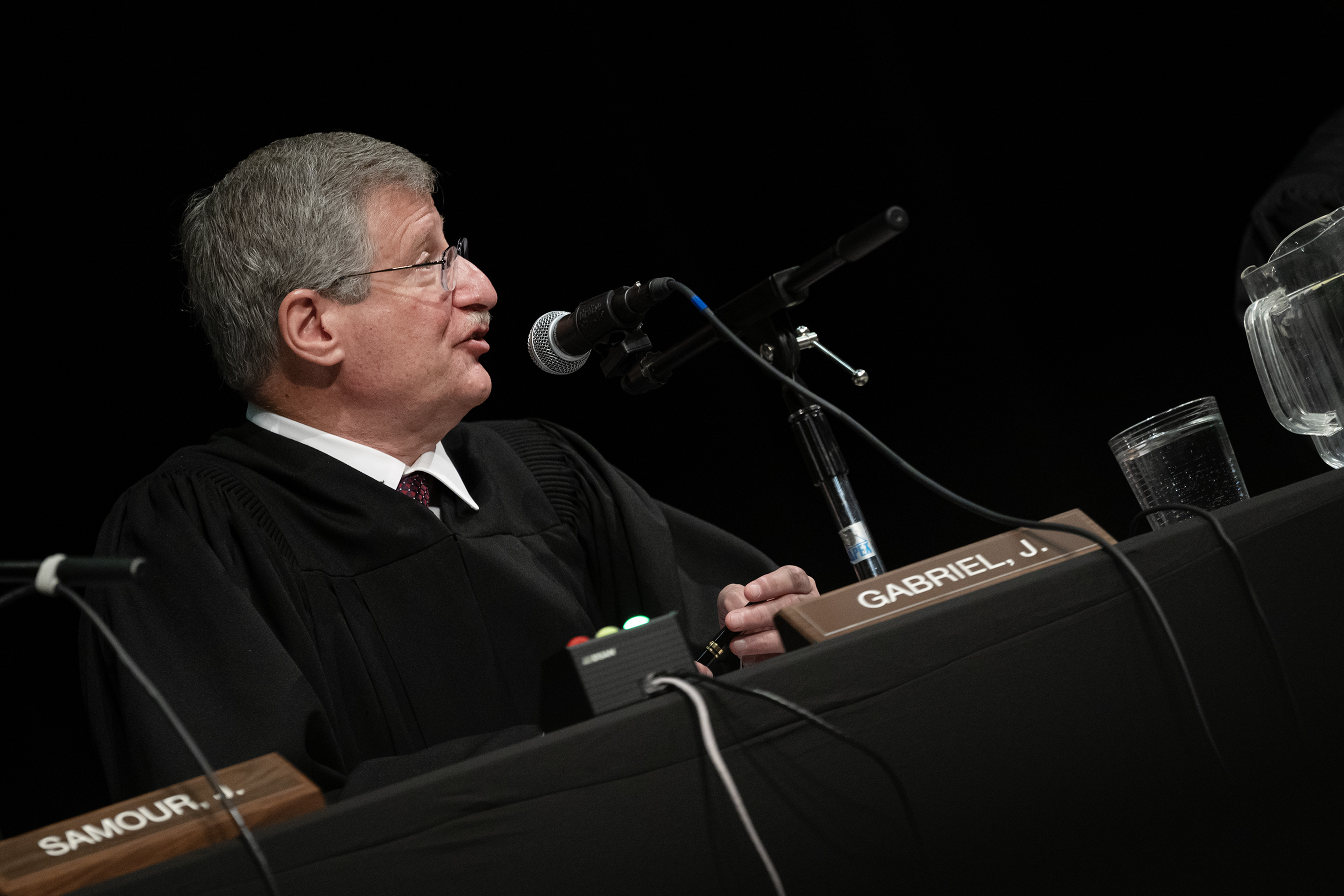 Colorado Supreme Court justice Richard L. Gabriel asks a question during oral arguments of the Arnold R. Martinez v The People of the State of Colorado case during Courts in the Community on Thursday, Oct. 26, 2023, at Gateway High School in Aurora, Colo. (Timothy Hurst/Denver Gazette) (TimHursttim.hurst@gazette.comhttps://secure.gravatar.com/avatar/aca82bd62b4ee425c598527cd6faa1b1?d=mm&r=g)
