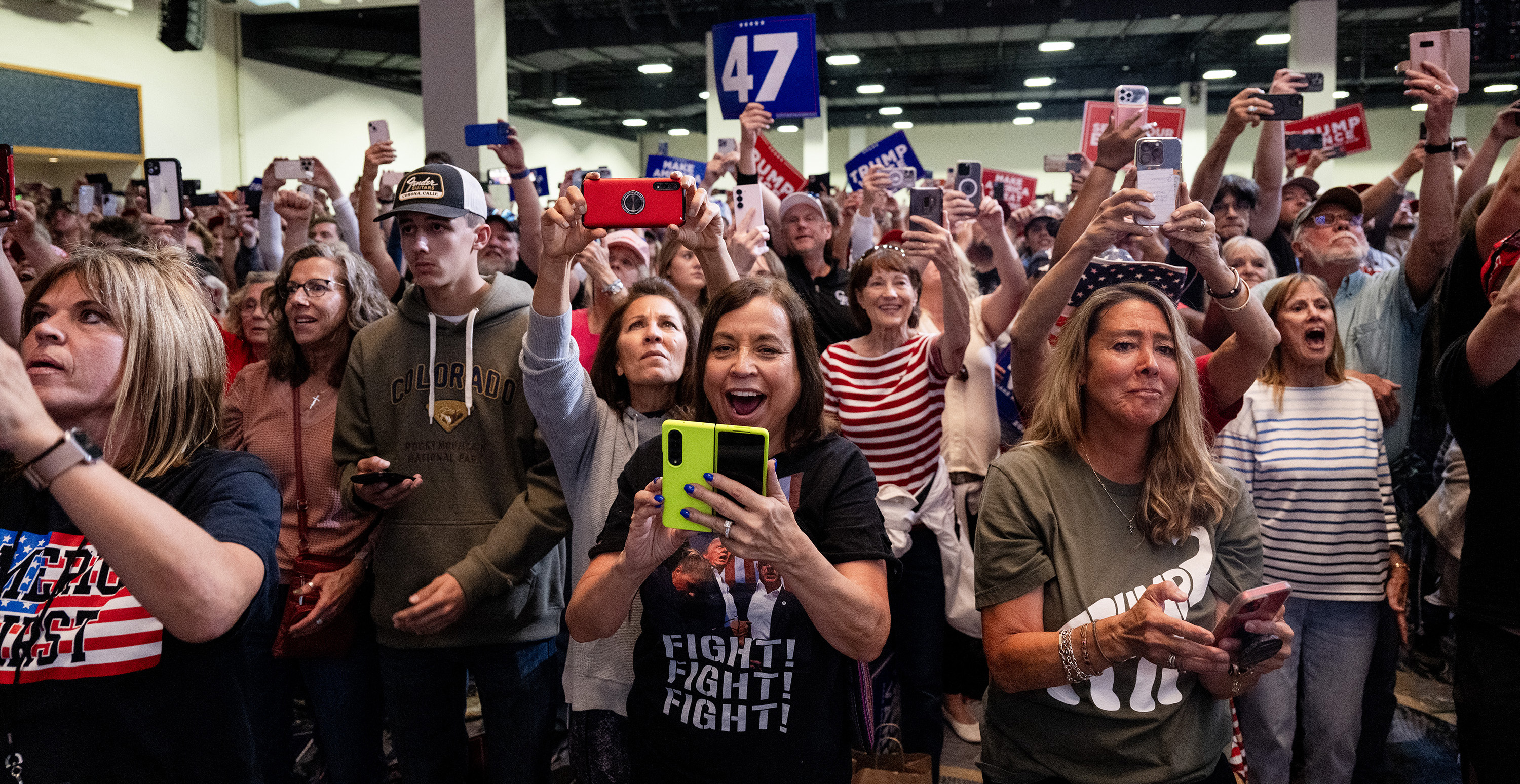 Fans cheer as Republican presidential nominee former President Donald Trump enters his campaign rally at the Gaylord Rockies Resort and Convention Center, Friday, Oct. 11, 2024, in Aurora, Colo. (Parker Seibold, The Gazette) (Parker Seibold, The Gazette)