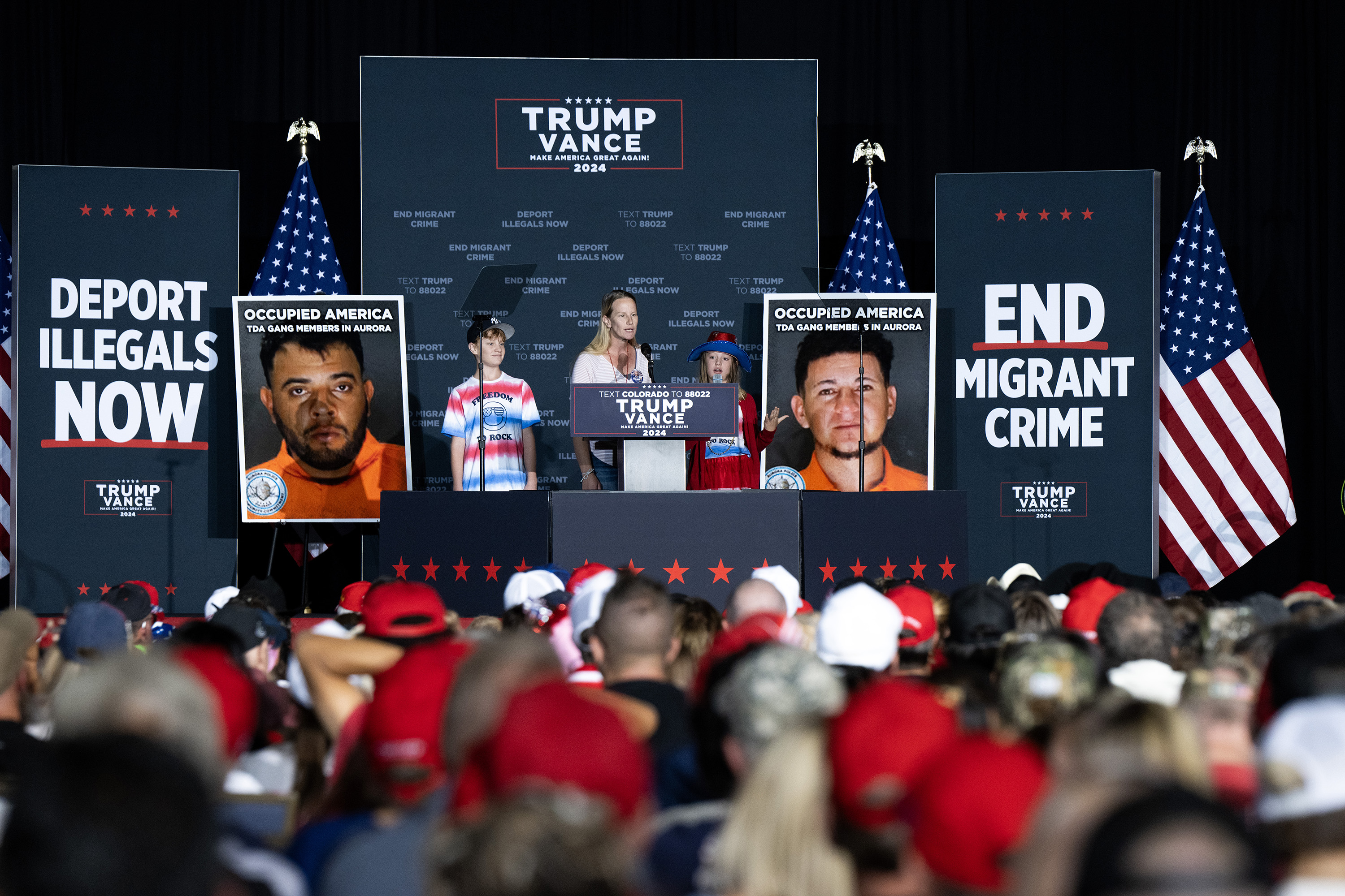 A Colorado Springs family speaks about trans issues in schools at a campaign rally for former President Donald Trump at the Gaylord Rockies Resort and Convention Center, Friday, Oct. 11, 2024, in Aurora, Colo. (Parker Seibold, The Gazette) (Parker Seibold, The Gazette)
