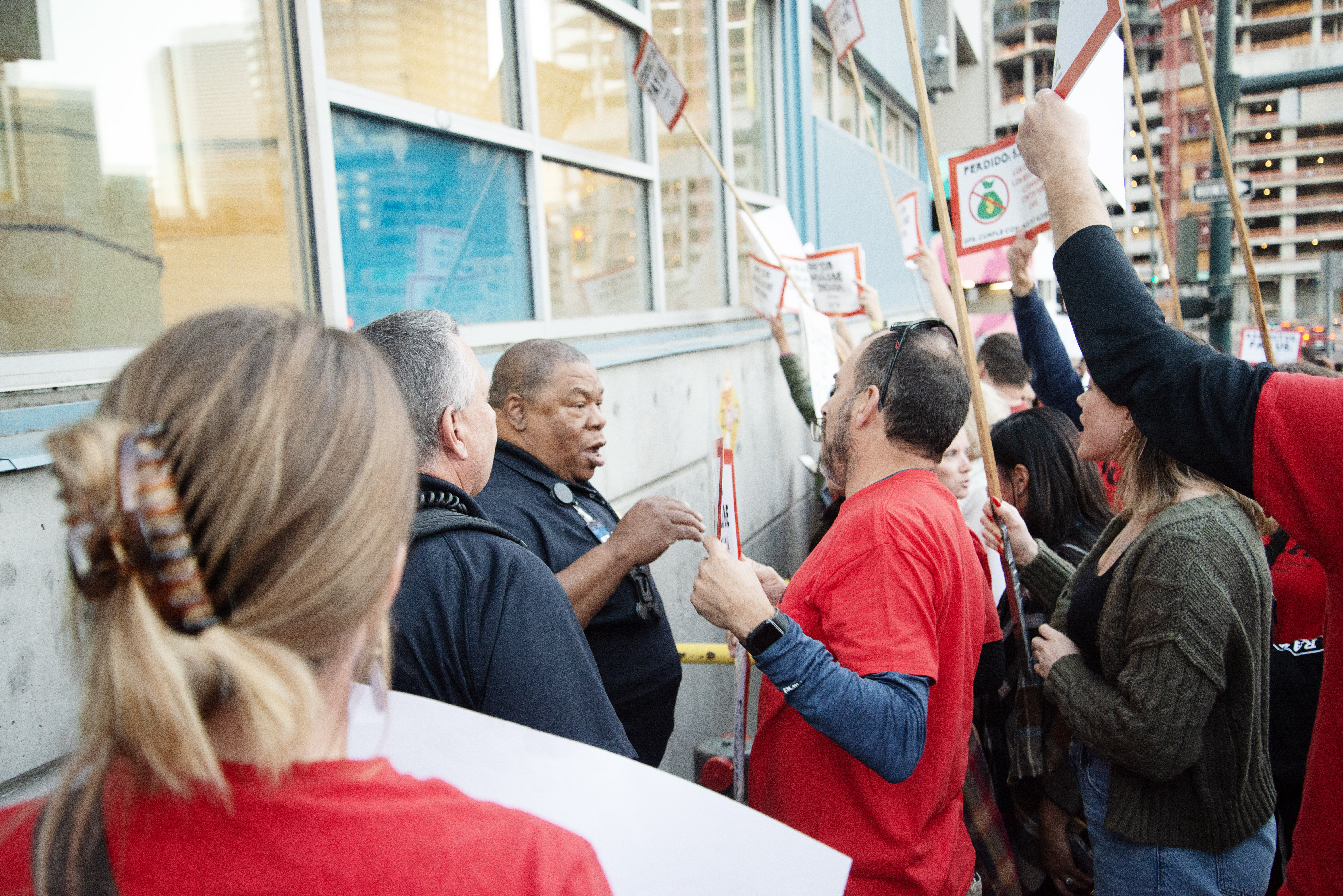 Hundreds of educators and Denver Teachers Classroom Association (DTCA) members protest outside of a Denver Public Schools (DPS) Board of Education meeting for a cost of living raise DTCA members say DPS is failing to honor on Monday, Oct. 21, 2024. Campus officers engaged with protestors warning them against being, 