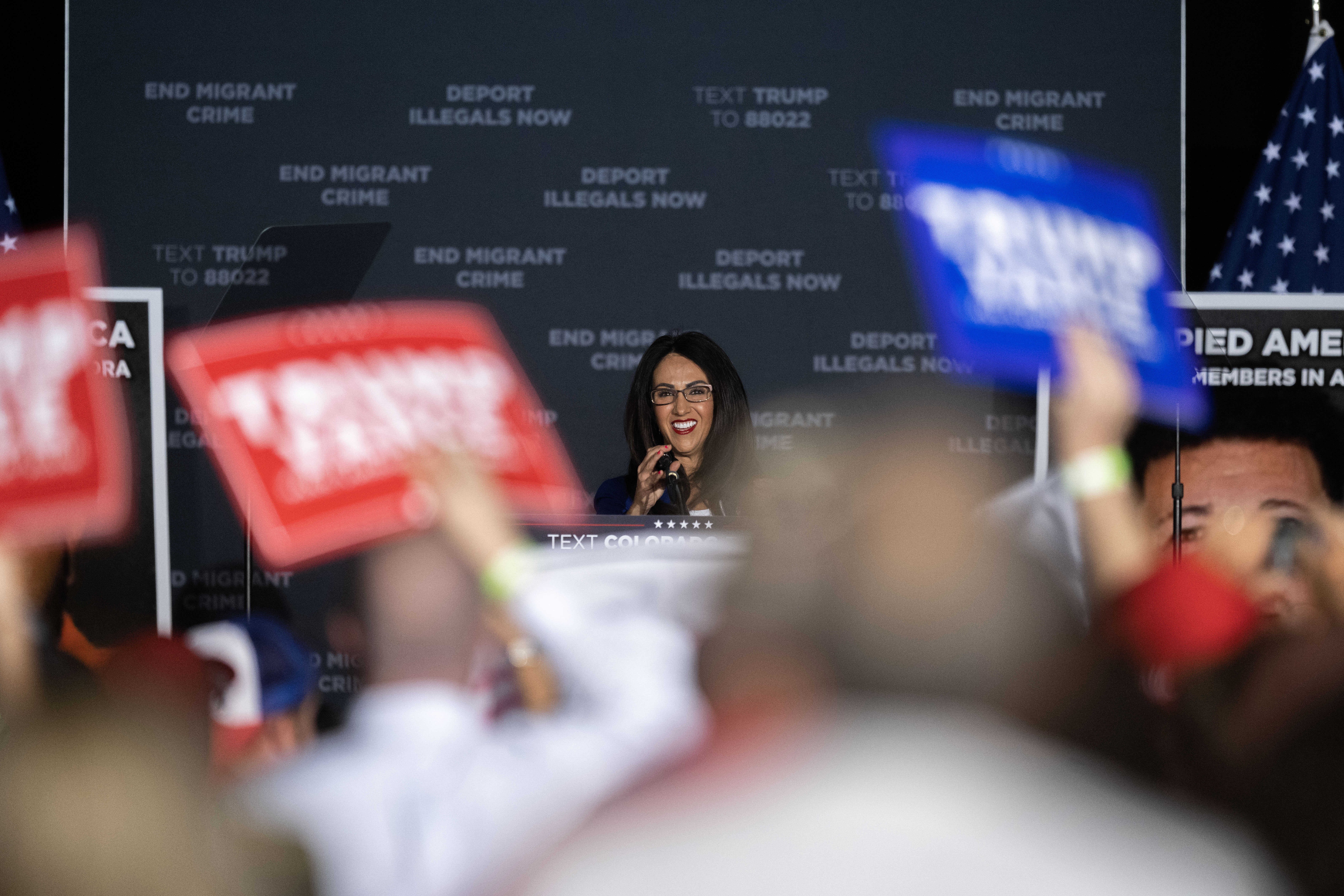 The crowd cheers as Lauren Boebert takes the stage during a trump rally at the Gaylord Rockies Resort and Convention Center in Aurora on Friday, Oct. 11, 2024. (Stephen Swofford, Denver Gazette) (Stephen Swofford Denver Gazette)