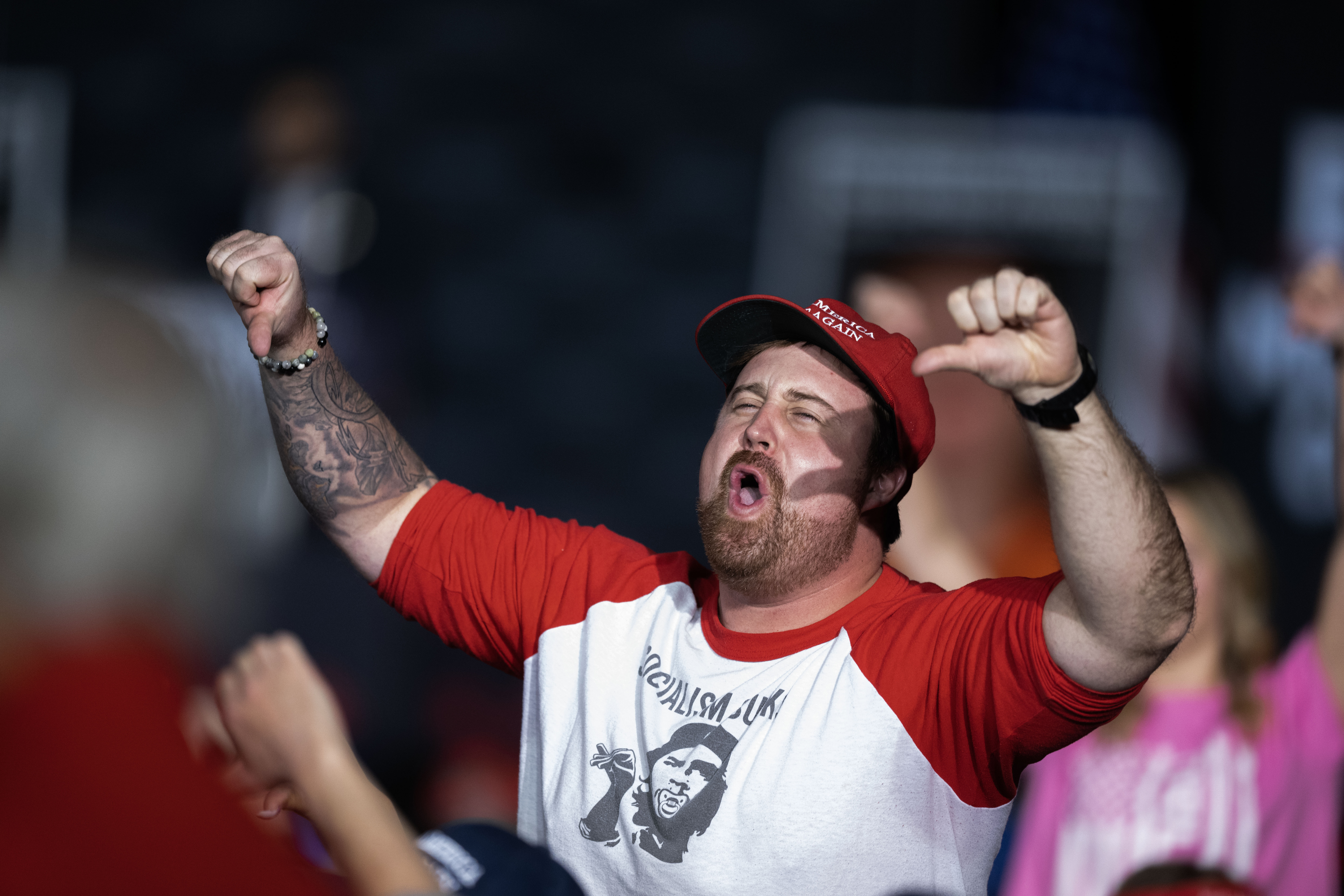 A member of the crowd boos the media during a trump rally at the Gaylord Rockies Resort and Convention Center in Aurora on Friday, Oct. 11, 2024. (Stephen Swofford, Denver Gazette) (Stephen Swofford Denver Gazette)